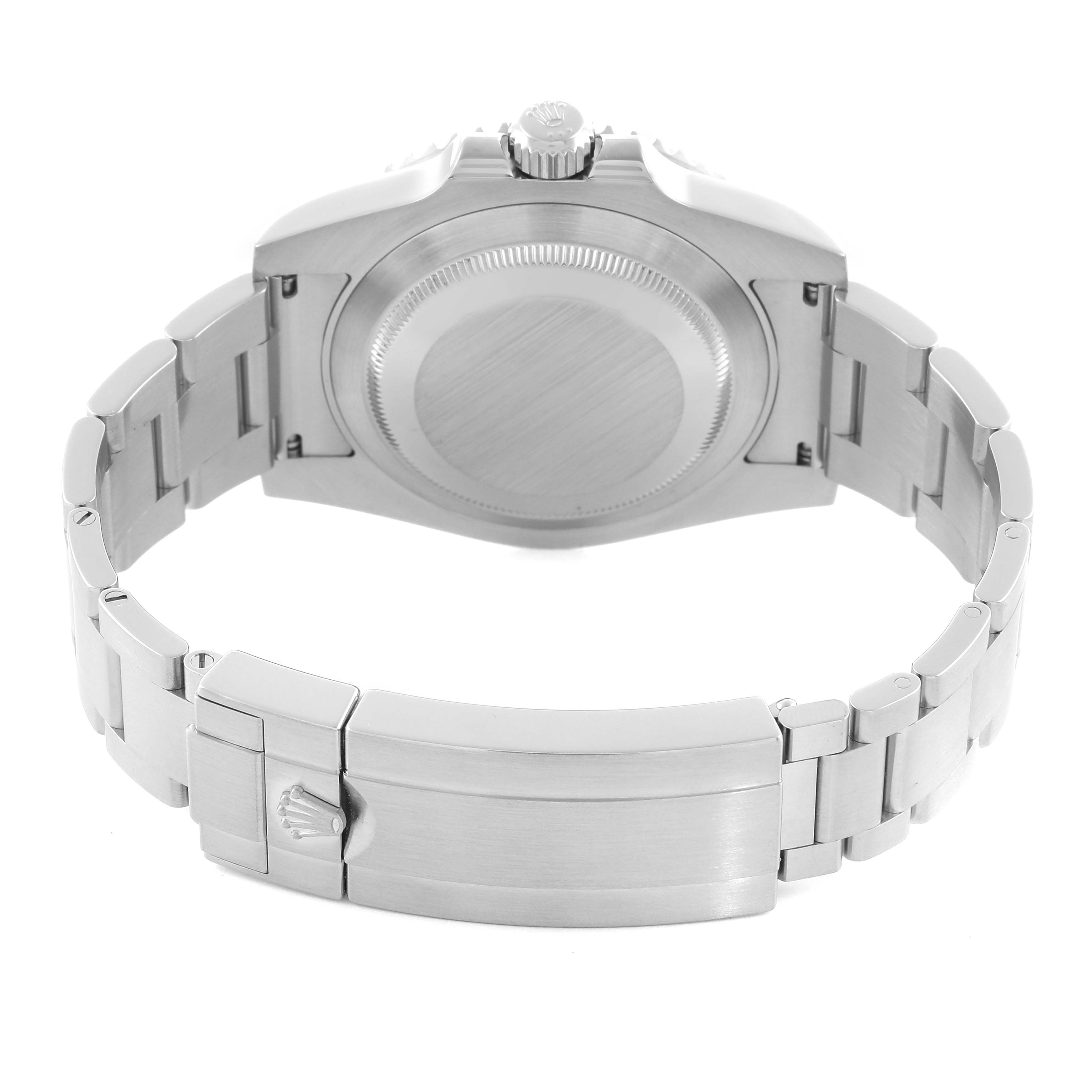 The Rolex Submariner 116610LV Men's Stainless Steel Green Dial 116610LV Men's Stainless Steel Green Dial is shown from the back, displaying the case back, crown, and bracelet with clasp.