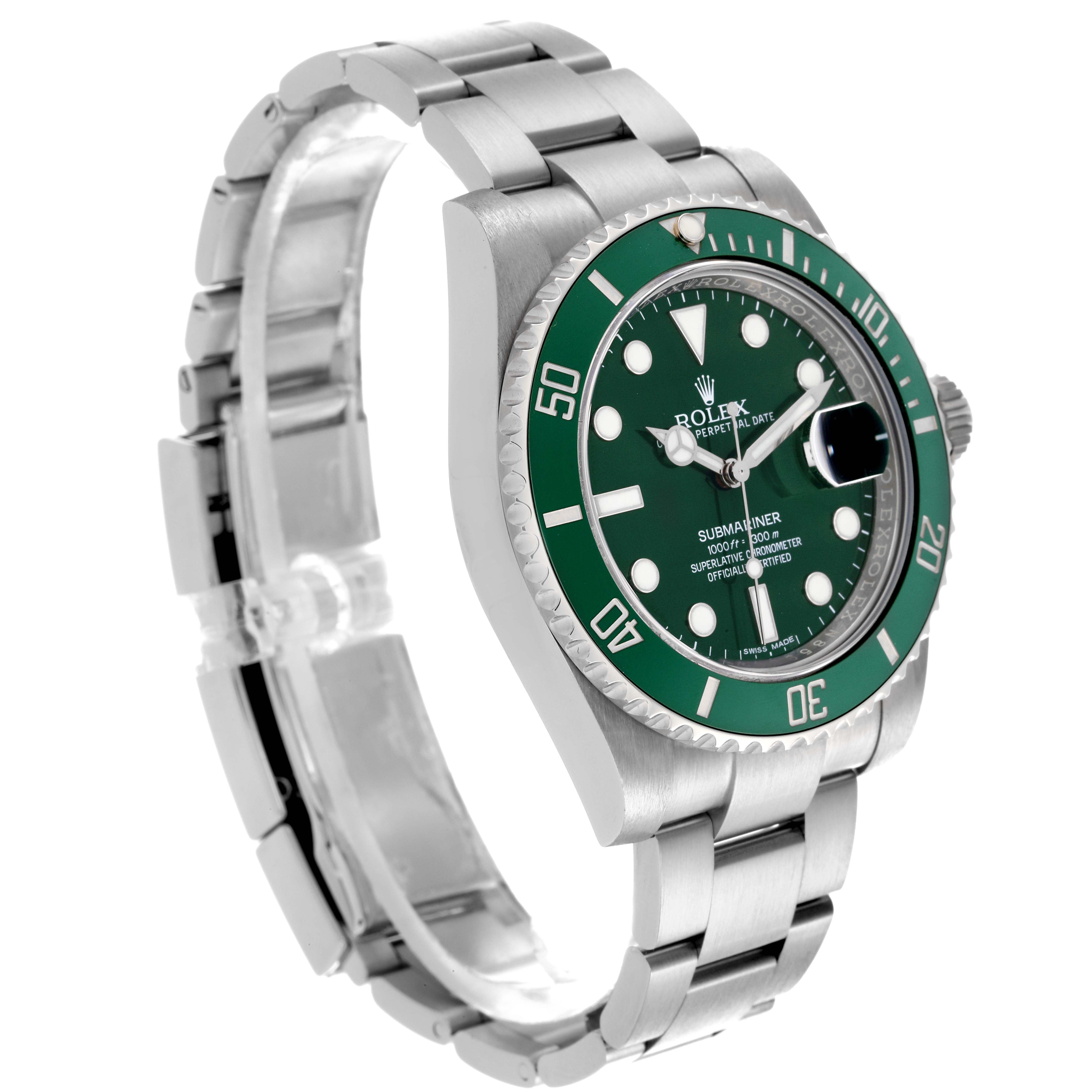 The Rolex Submariner 116610LV Men's Stainless Steel Green Dial 116610LV Men's Stainless Steel Green Dial watch is shown at a slight angled view, highlighting the face, bezel, and bracelet.