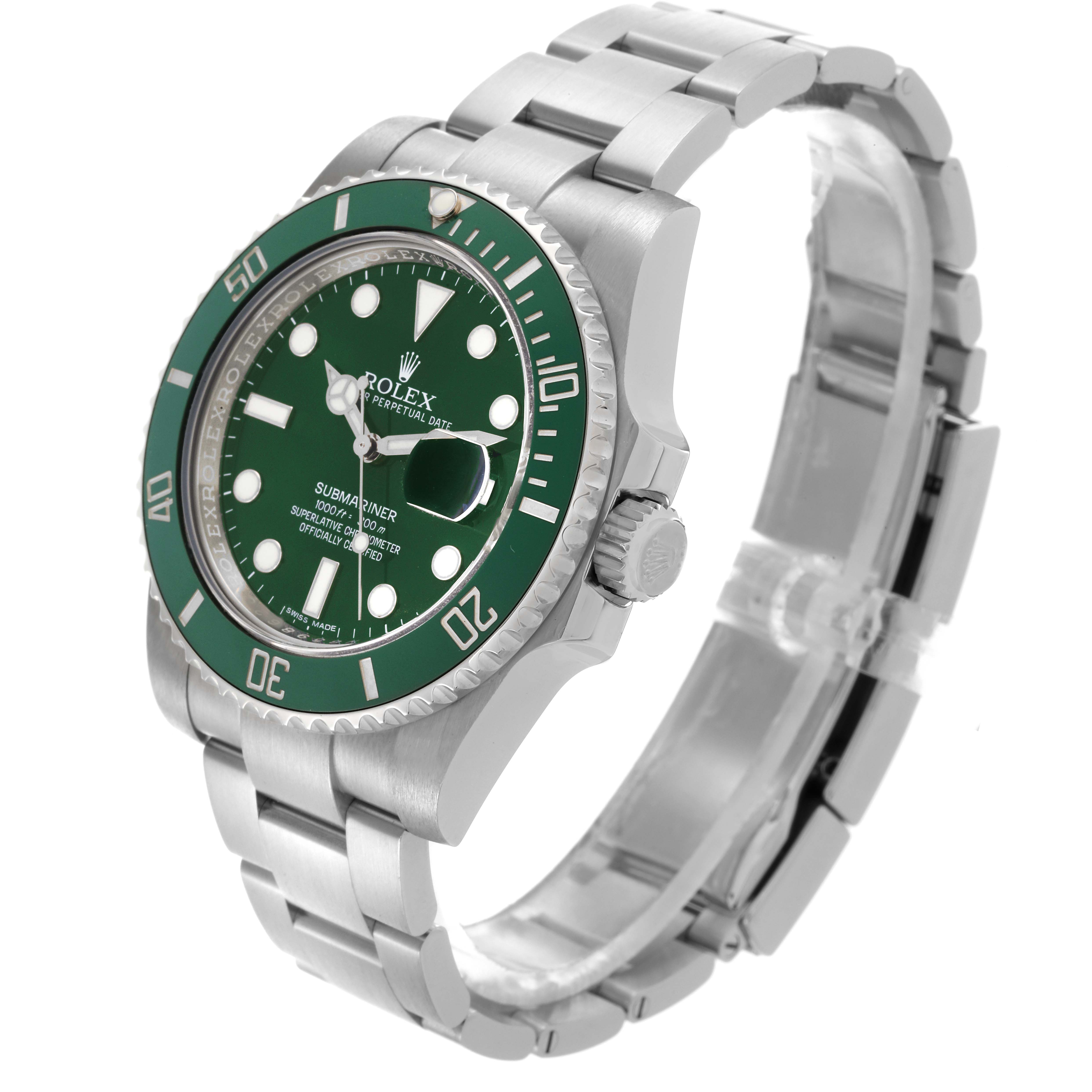The image shows a side angle of the Rolex Submariner 116610LV Men's Stainless Steel Green Dial 116610LV Men's Stainless Steel Green Dial watch, highlighting the bezel, dial, crown, and bracelet.