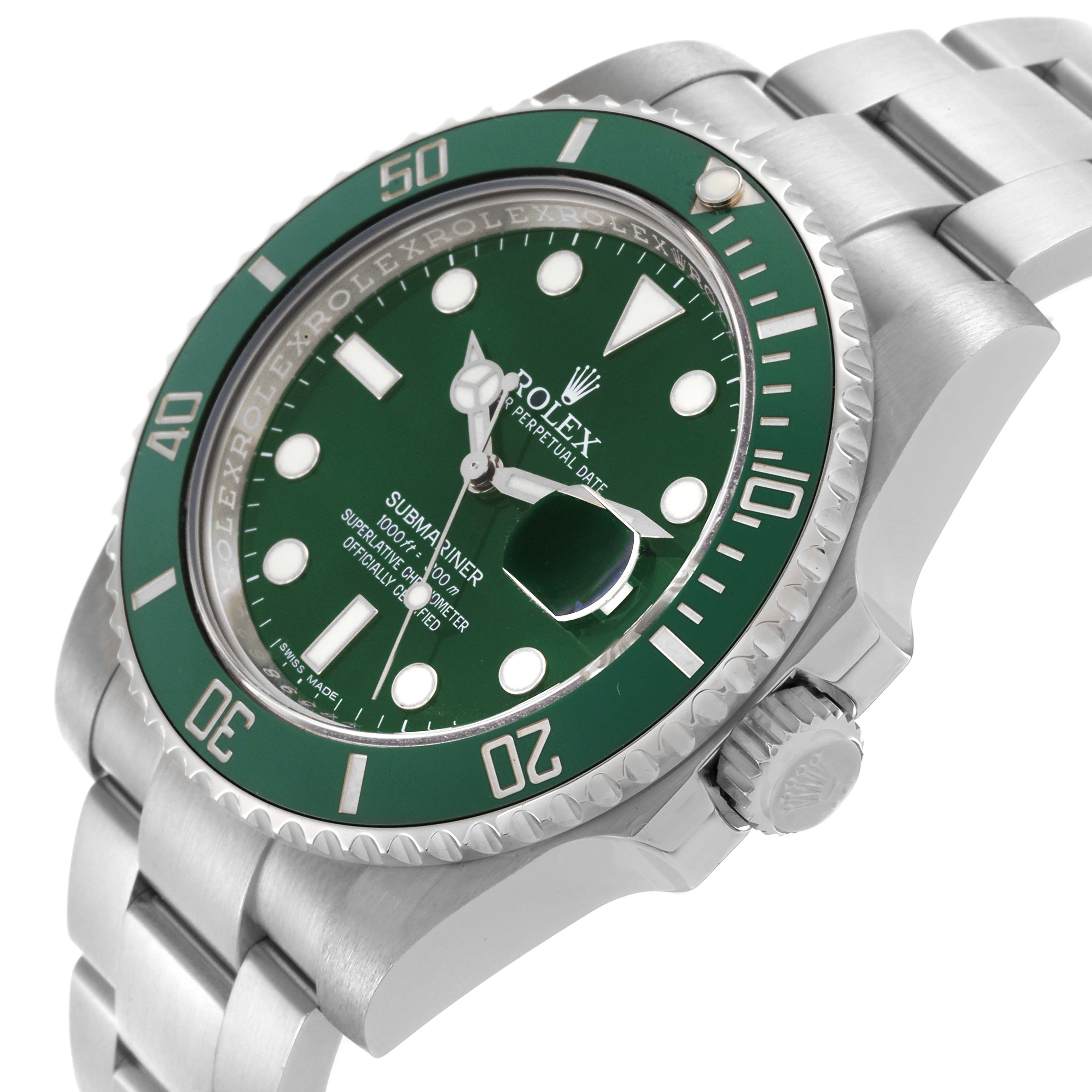 The Rolex Submariner 116610LV Men's Stainless Steel Green Dial 116610LV Men's Stainless Steel Green Dial watch is shown at an angle highlighting the green dial, bezel, and part of the stainless steel bracelet.