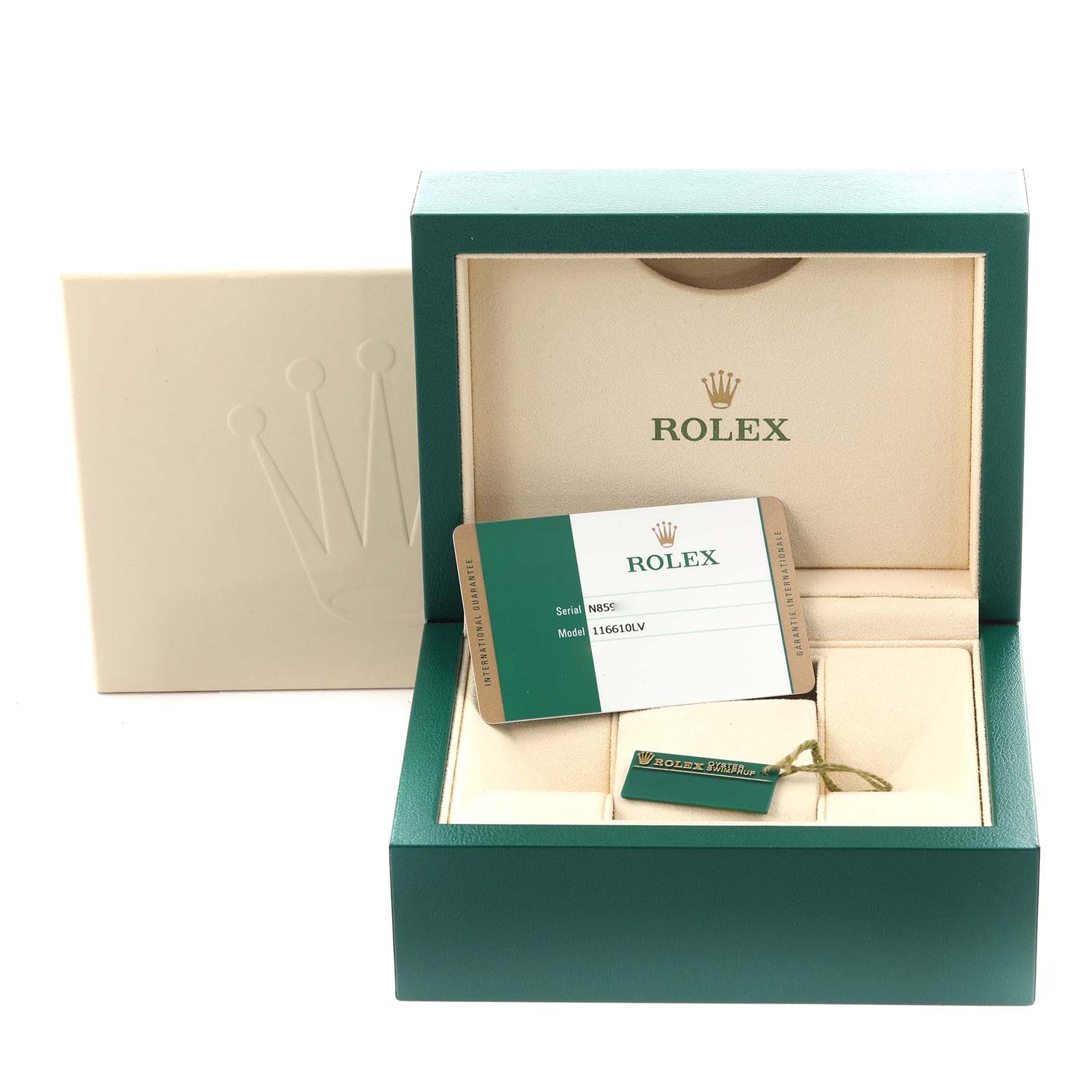 The image shows a Rolex Submariner 116610LV Men's Stainless Steel Green Dial 116610LV Men's Stainless Steel Green Dial box, warranty card, and tag from a frontal angle.