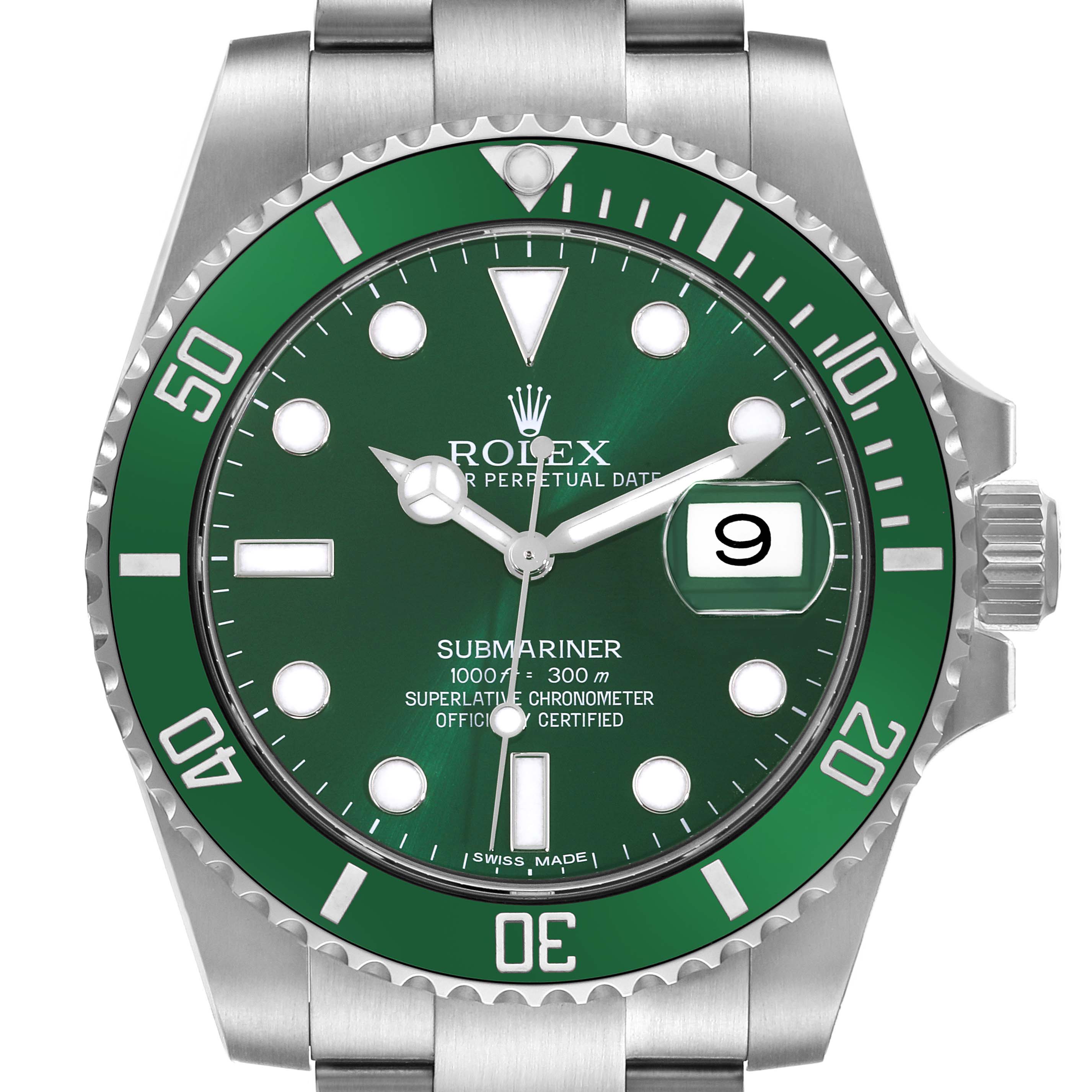 The Rolex Submariner 116610LV Men's Stainless Steel Green Dial 116610LV Men's Stainless Steel Green Dial watch is shown from a front view, displaying the dial, bezel, hands, and part of the bracelet.