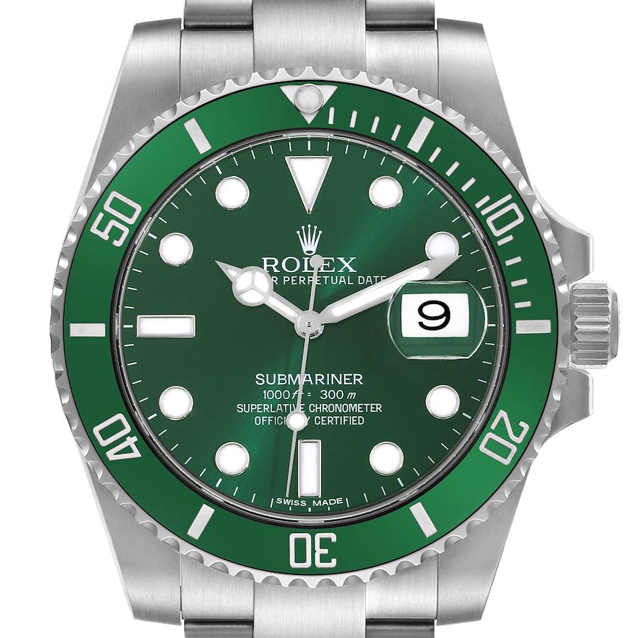 The Rolex Submariner watch is shown from a front view, displaying the dial, bezel, hands, and part of the bracelet.