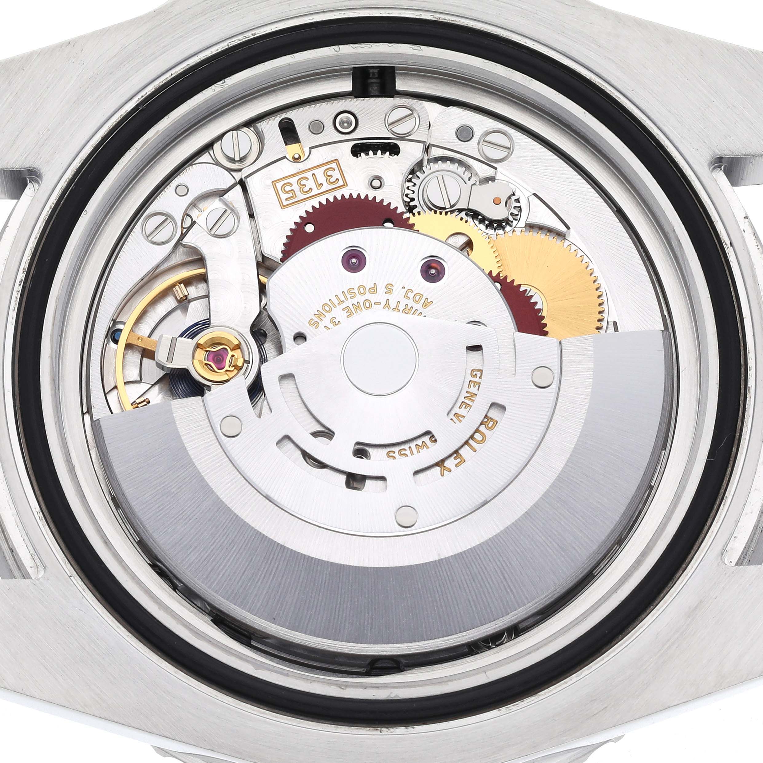 The image shows the internal mechanism and movement of a Rolex Submariner 116610LV Men's Stainless Steel Green Dial 116610LV Men's Stainless Steel Green Dial watch from a back angle.