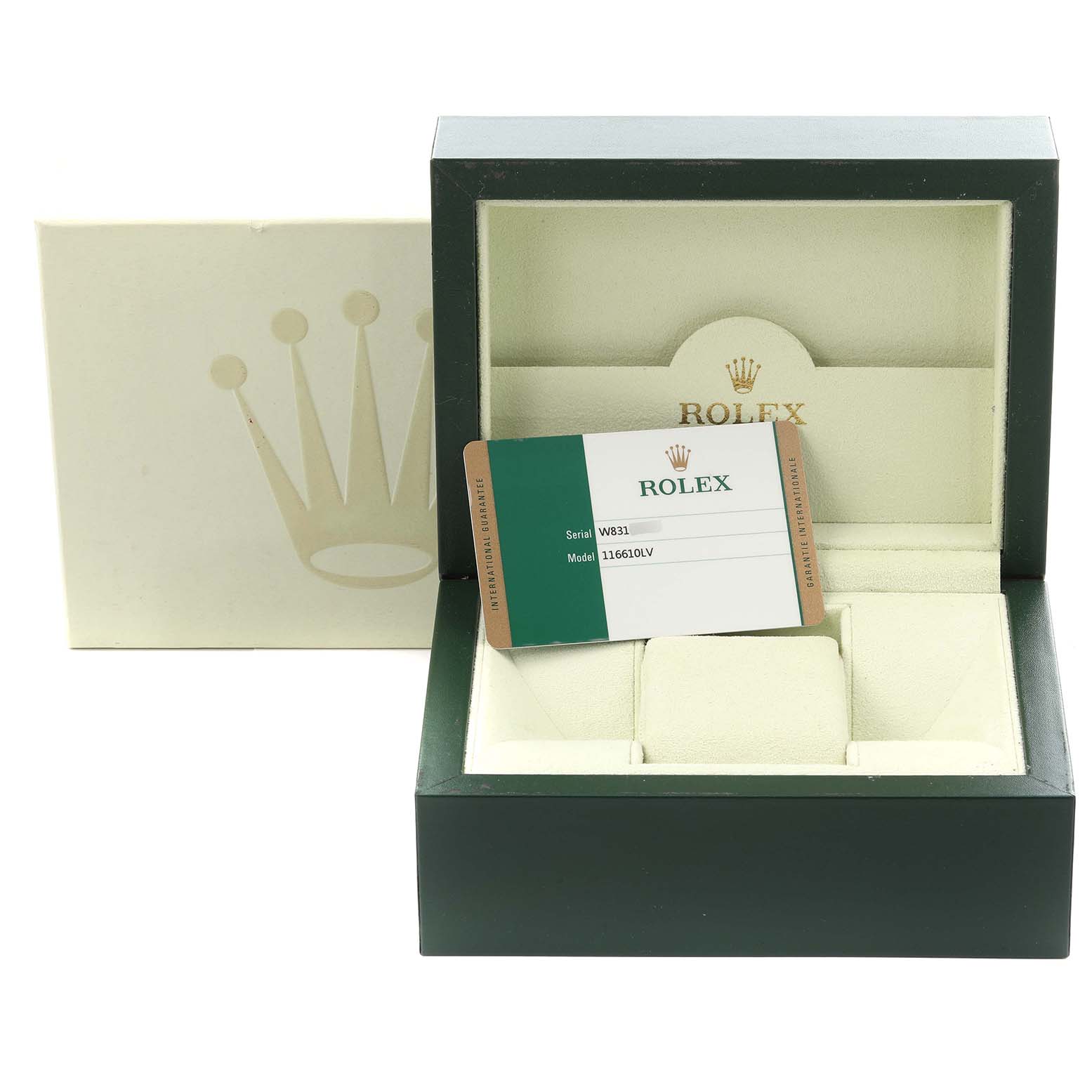 The image shows an open Rolex Submariner 116610LV Men's Stainless Steel Green Dial 116610LV Men's Stainless Steel Green Dial watch box with its inner cushion and model card.