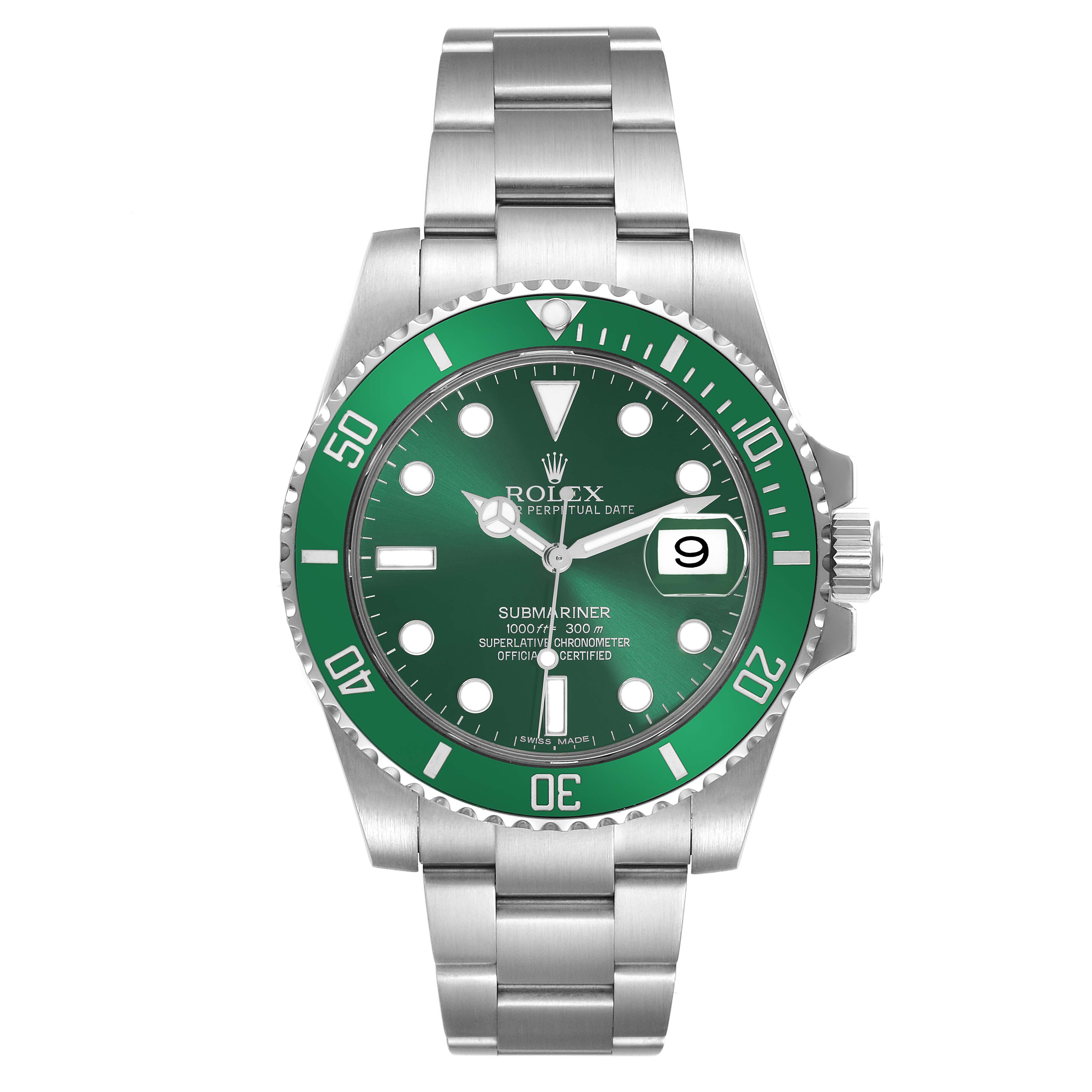 The Rolex Submariner 116610LV Men's Stainless Steel Green Dial 116610LV Men's Stainless Steel Green Dial is shown from the front, displaying the face, bezel, bracelet, and crown.