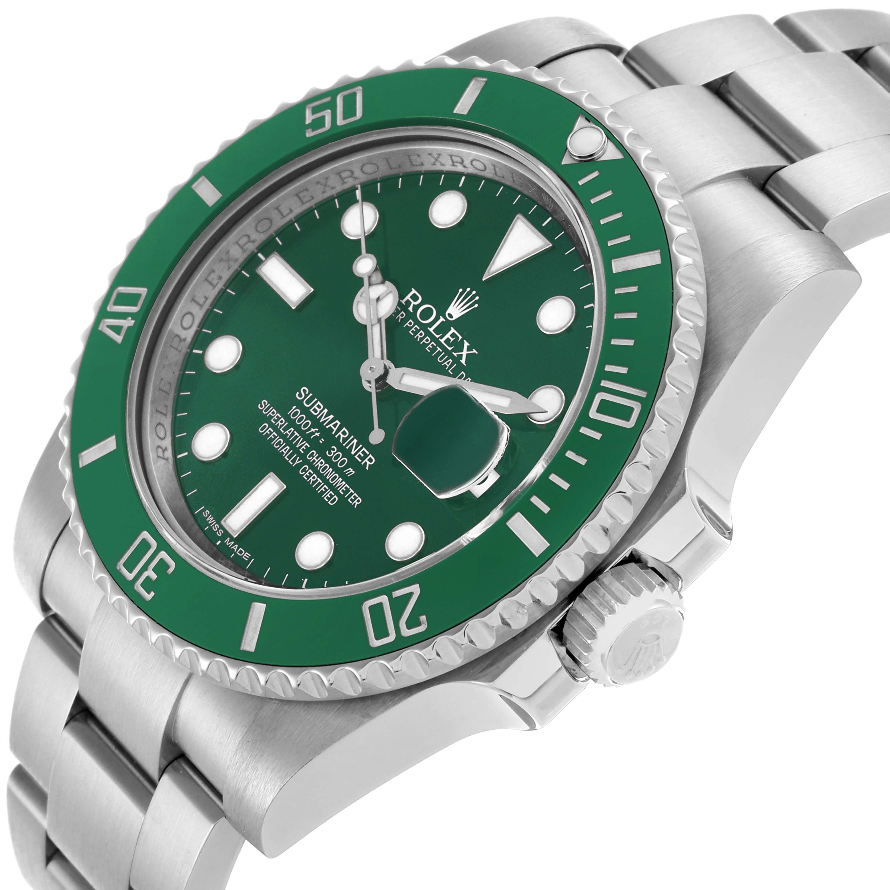 The Rolex Submariner 116610LV Men's Stainless Steel Green Dial 116610LV Men's Stainless Steel Green Dial watch is shown at an angled view highlighting the green bezel, dial, crown, and part of the bracelet.