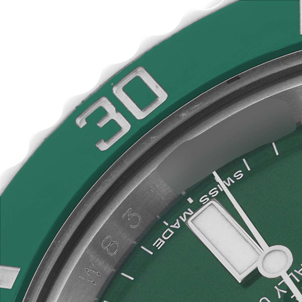 This close-up shows the green bezel and part of the dial of a Rolex Submariner 116610LV Men's Stainless Steel Green Dial 116610LV Men's Stainless Steel Green Dial, highlighting the "30" marking.