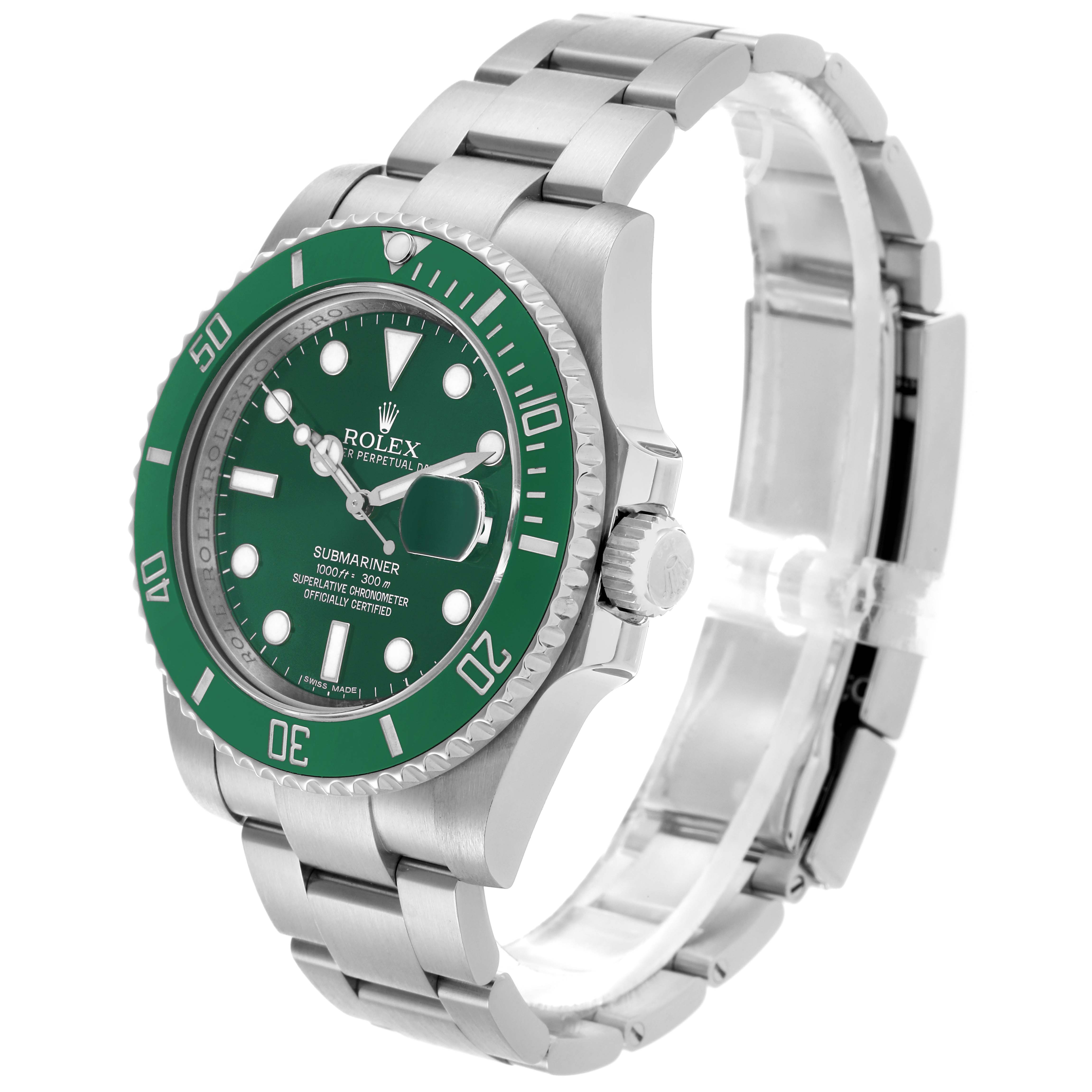 The Rolex Submariner 116610LV Men's Stainless Steel Green Dial 116610LV Men's Stainless Steel Green Dial watch is shown from a three-quarter angle, highlighting the green bezel, dial, case, and bracelet.