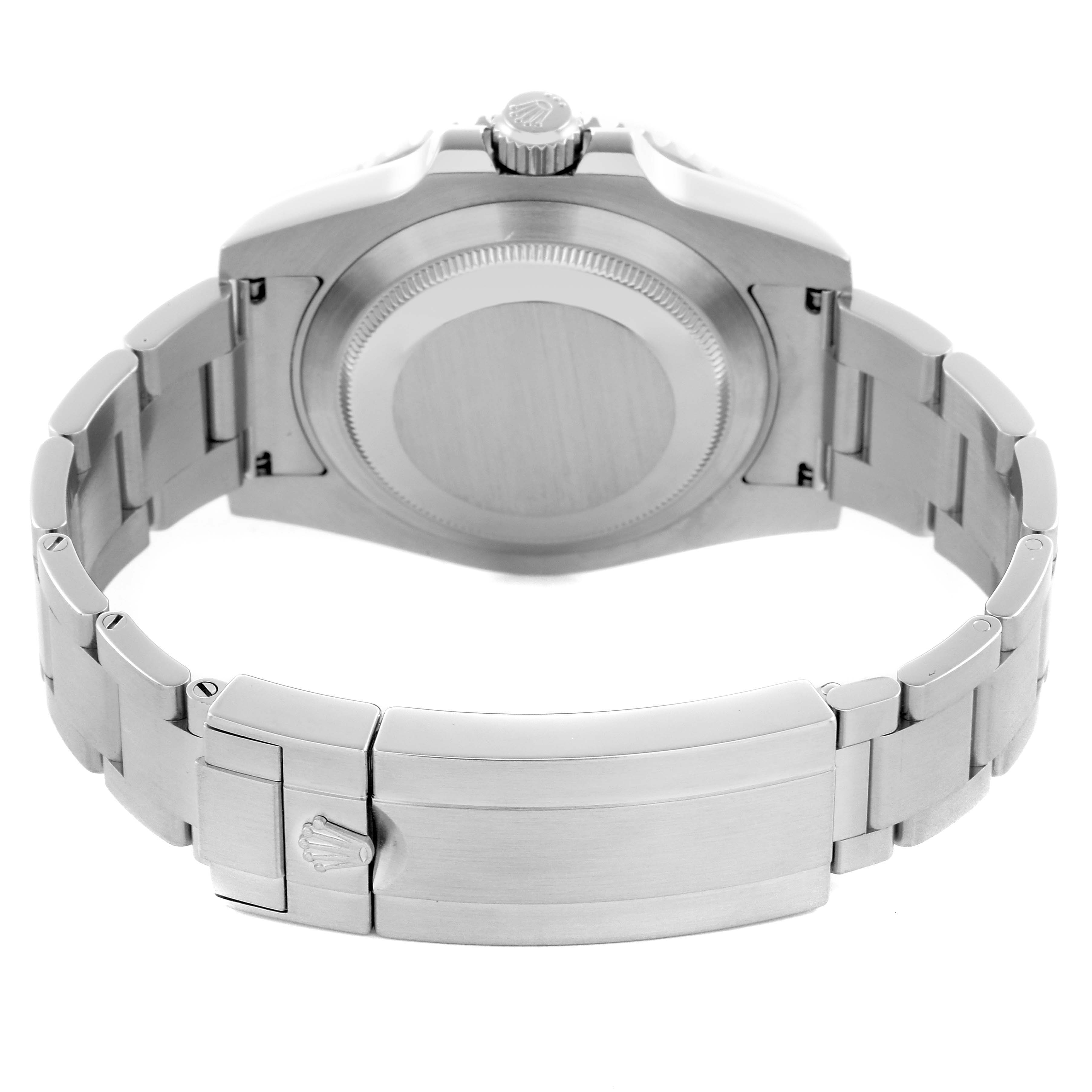 The image shows the back and bracelet of the Rolex Submariner 116610LV Men's Stainless Steel Green Dial 116610LV Men's Stainless Steel Green Dial, focusing on the clasp and case back.