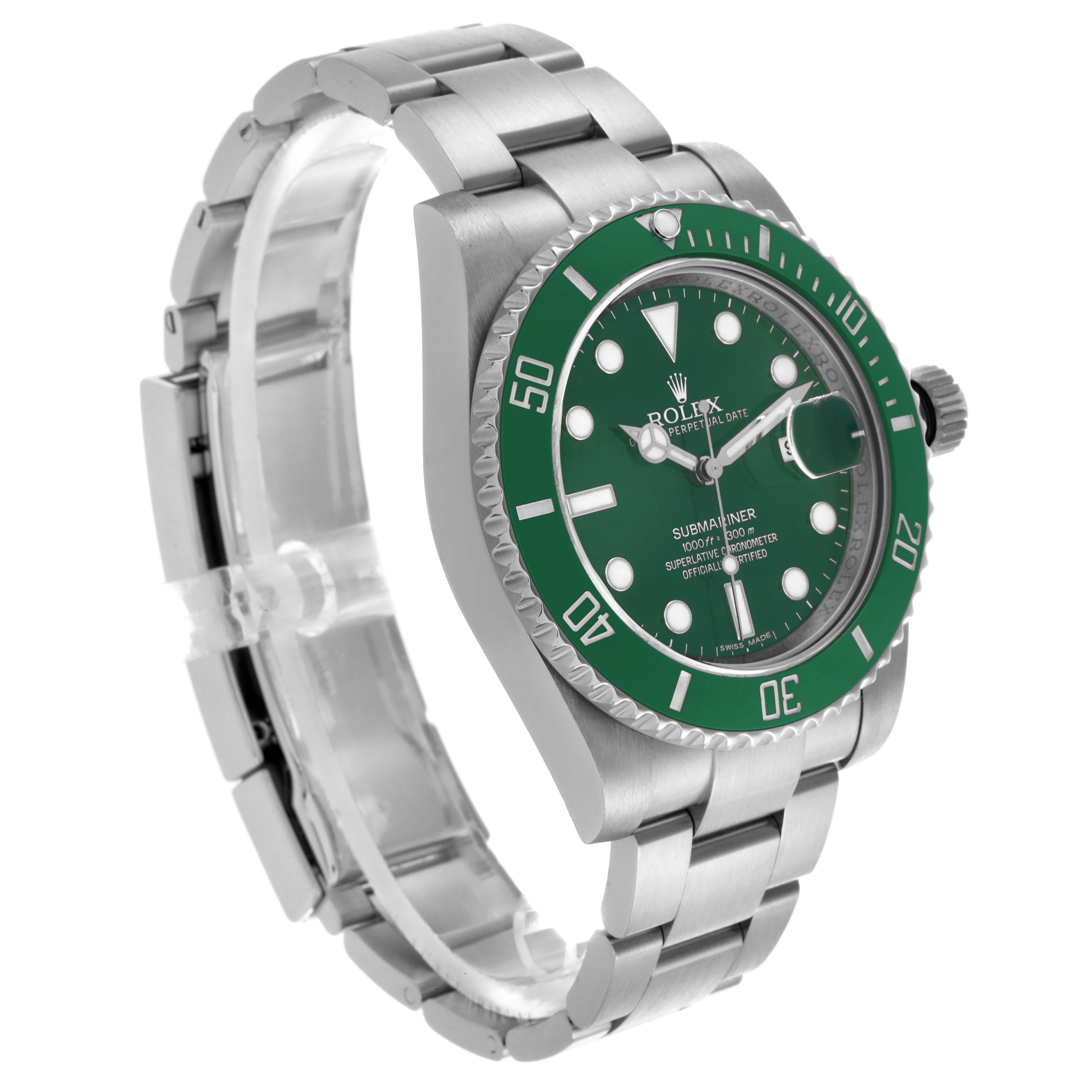 The Rolex Submariner 116610LV Men's Stainless Steel Green Dial 116610LV Men's Stainless Steel Green Dial watch is shown from a 3/4 angle, displaying the green bezel, dial, and stainless steel bracelet.