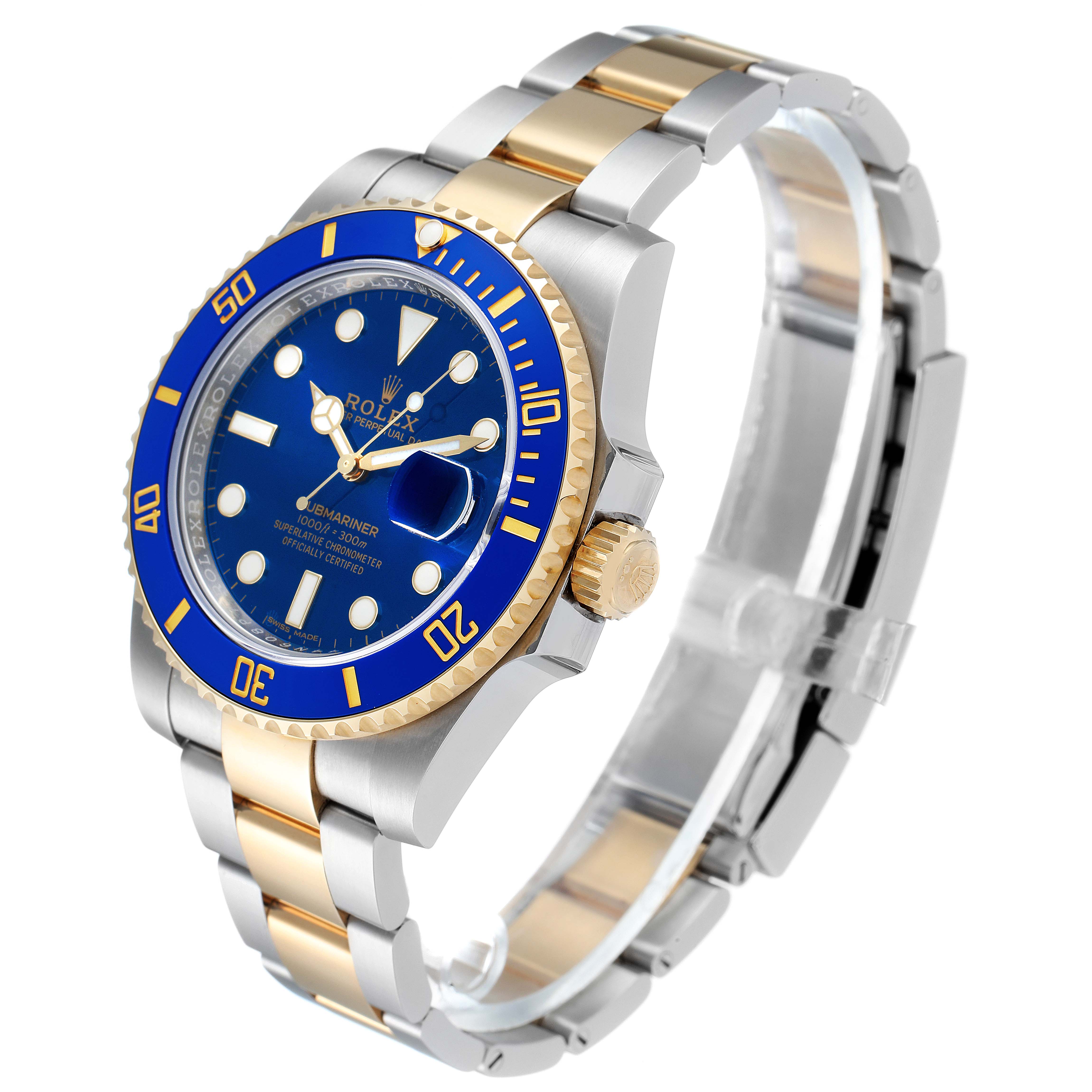 The Rolex Submariner 116613 Men's Steel and Gold (two tone) Blue Dial 116613 Men's Steel and Gold (two tone) Blue Dial watch is shown at a three-quarter angle, highlighting its blue dial, bezel, and two-tone bracelet.