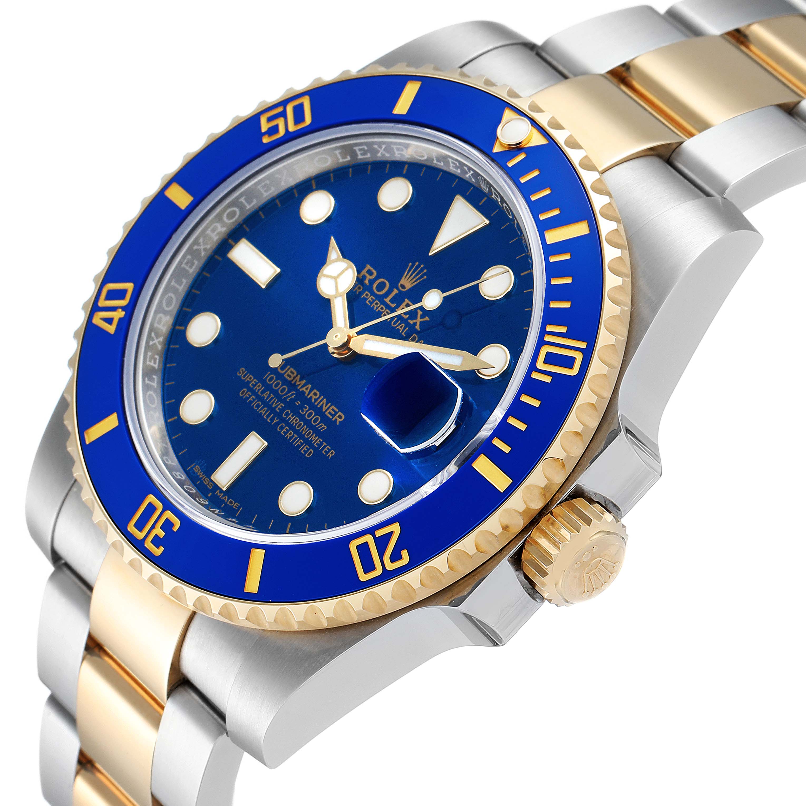 The image displays the face and side of a Rolex Submariner 116613 Men's Steel and Gold (two tone) Blue Dial 116613 Men's Steel and Gold (two tone) Blue Dial watch, highlighting its blue dial and bezel, crown, and two-tone bracelet.