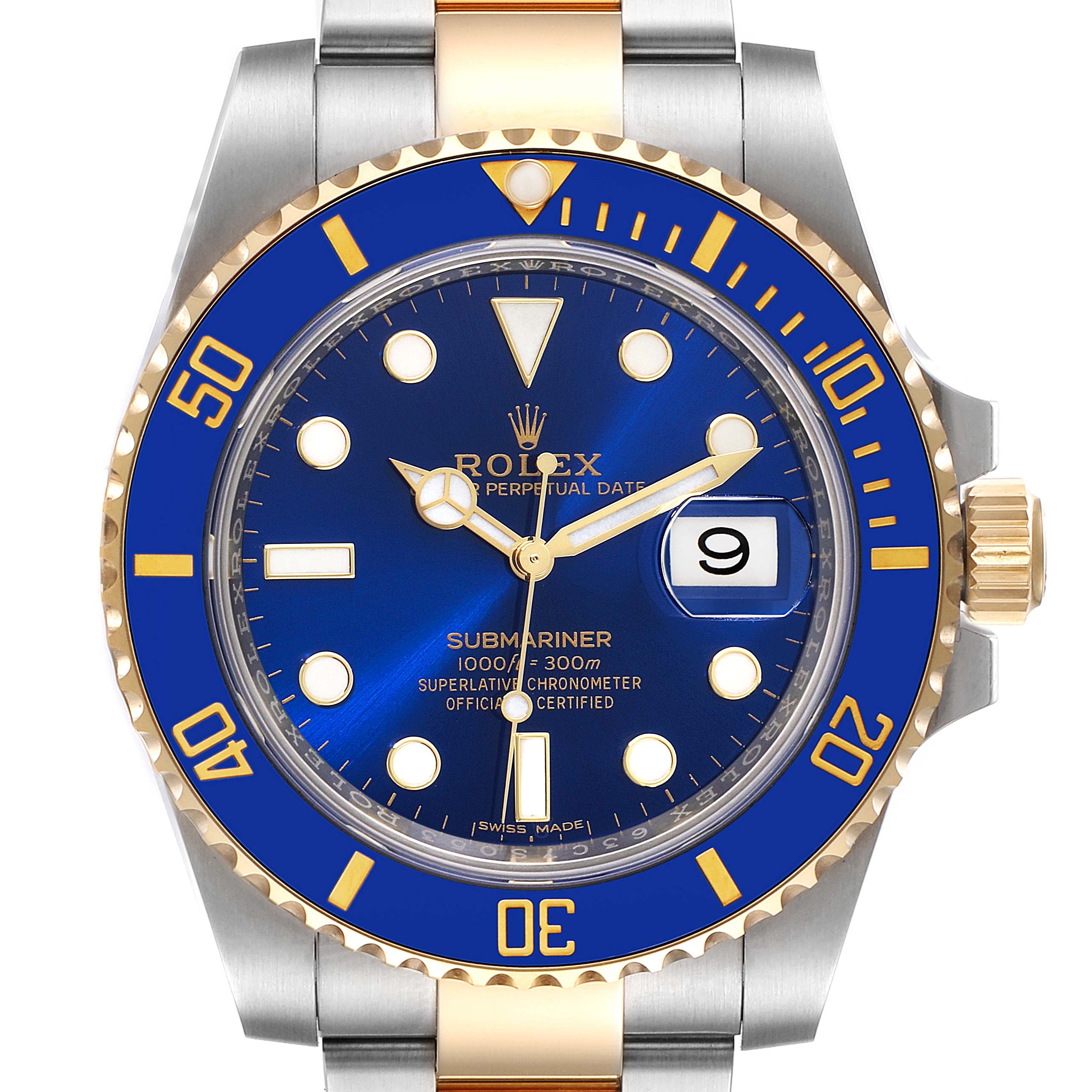 The image shows the front view of the Rolex Submariner 116613 Men's Steel and Gold (two tone) Blue Dial 116613 Men's Steel and Gold (two tone) Blue Dial watch highlighting its dial, bezel, and bracelet.