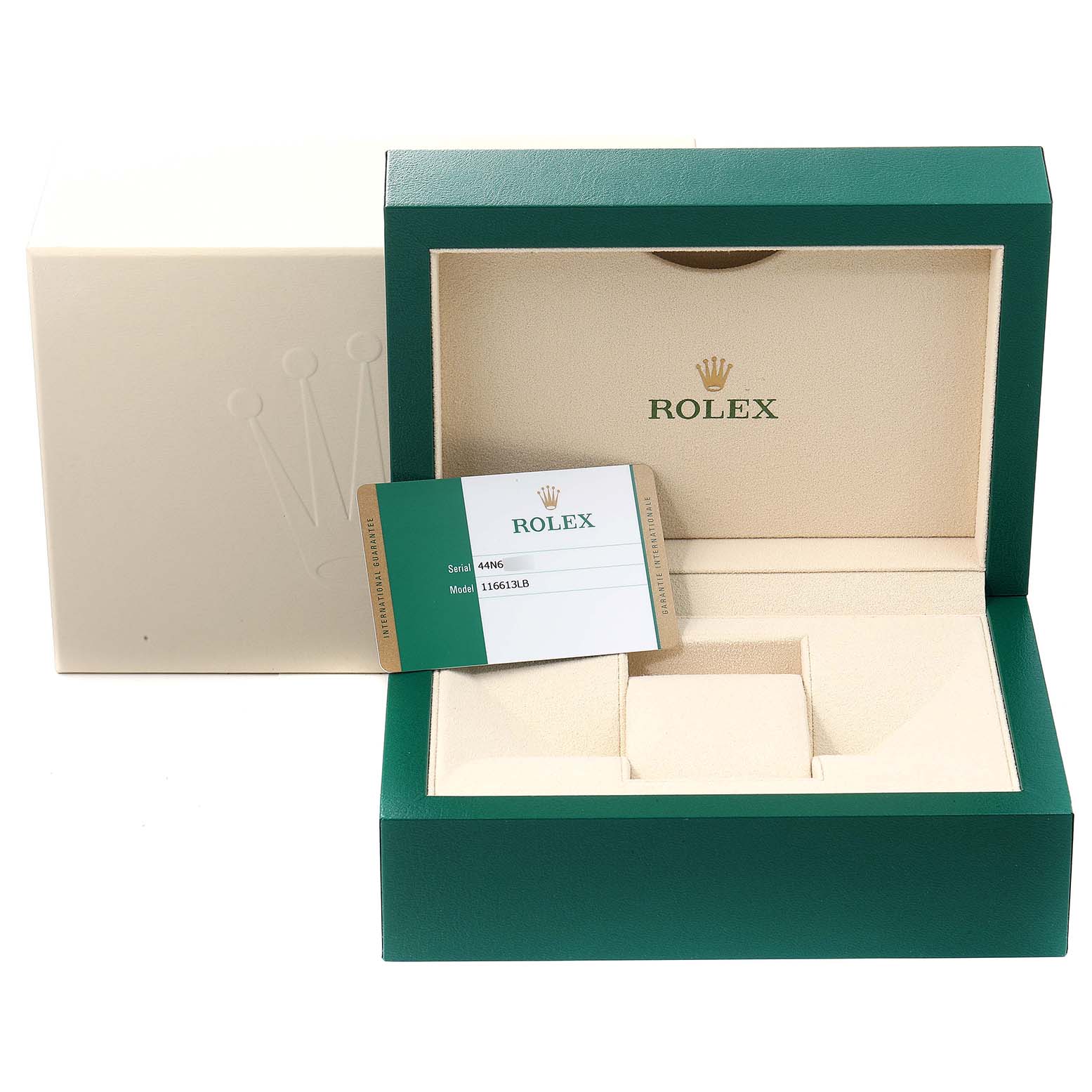 This image shows the packaging of a Rolex Submariner 116613 Men's Steel and Gold (two tone) Blue Dial 116613 Men's Steel and Gold (two tone) Blue Dial, including the box and a certificate card.