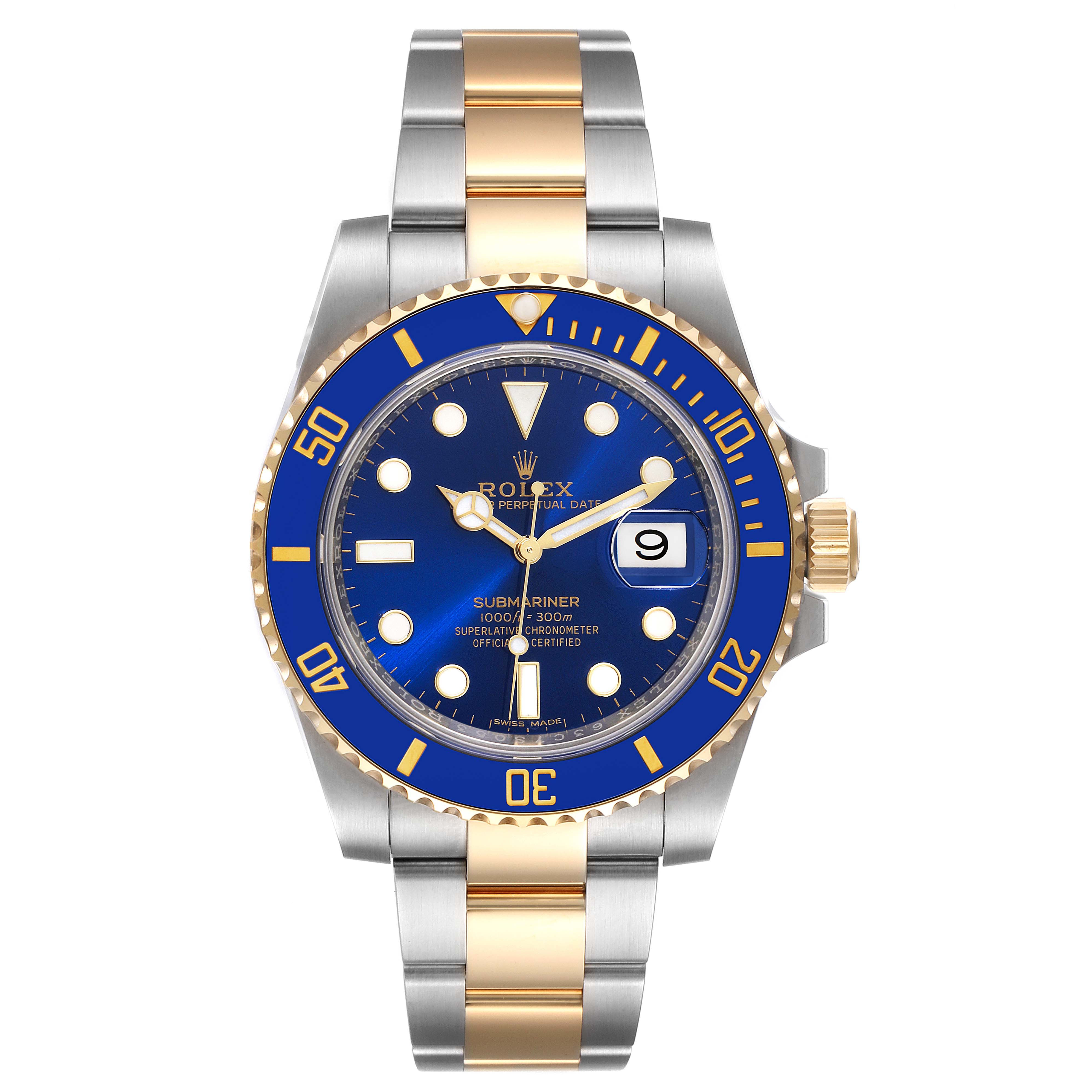 This image shows a front view of the Rolex Submariner 116613 Men's Steel and Gold (two tone) Blue Dial 116613 Men's Steel and Gold (two tone) Blue Dial watch, highlighting its dial, bezel, case, and bracelet.