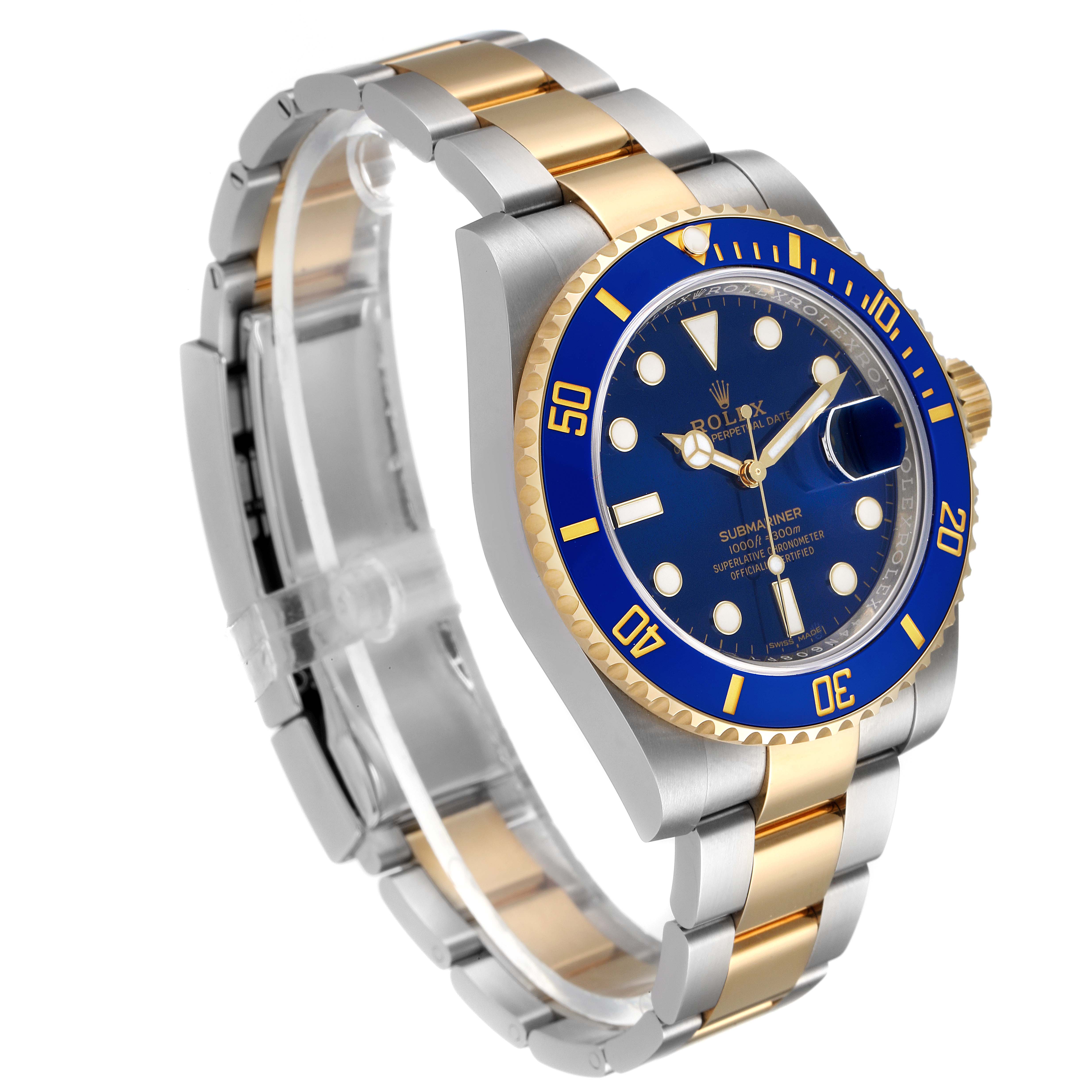 This image shows a side-angle view of a Rolex Submariner 116613 Men's Steel and Gold (two tone) Blue Dial 116613 Men's Steel and Gold (two tone) Blue Dial watch, displaying its blue dial, bezel, and two-tone metal bracelet.
