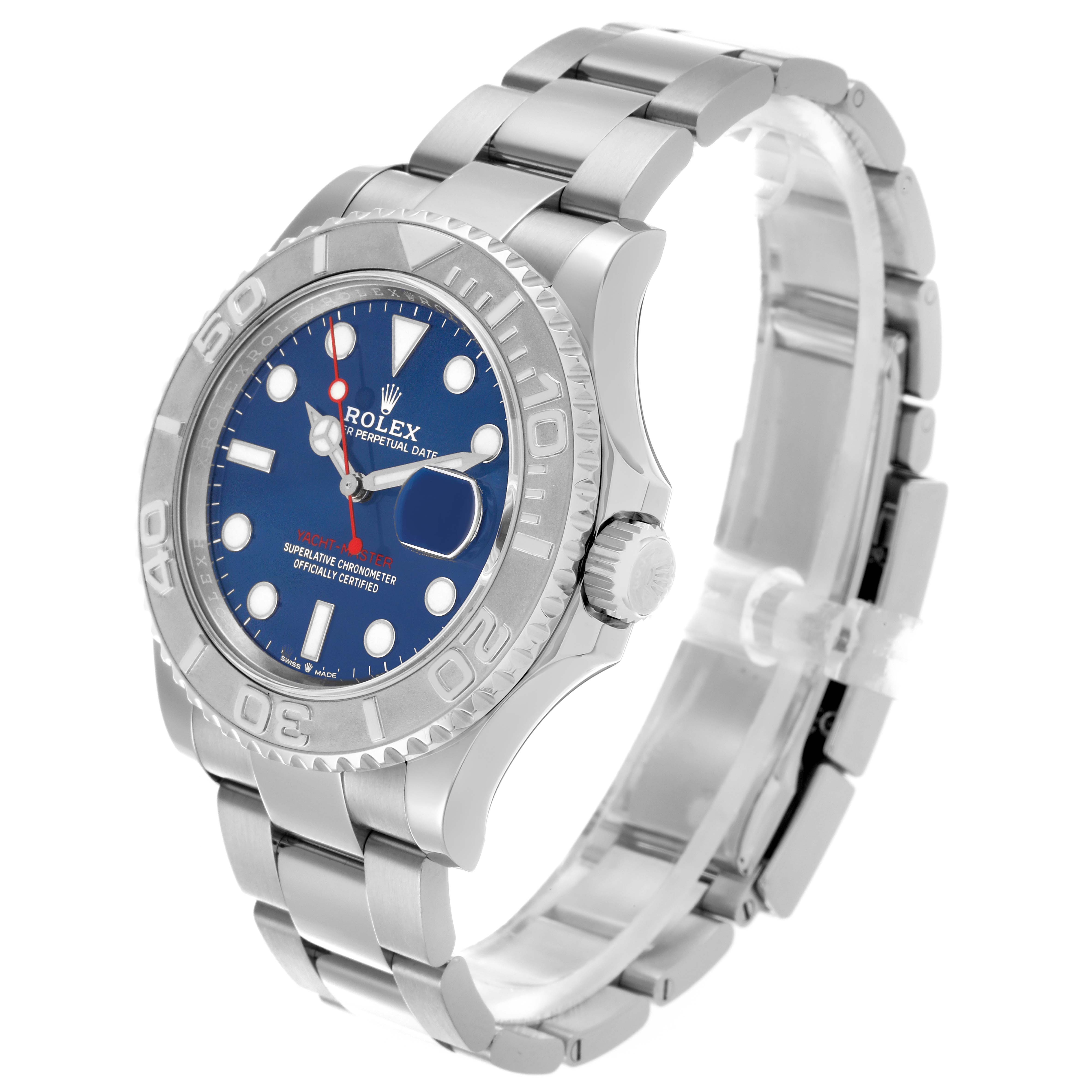 The Rolex Yacht-Master 126622 Men's Stainless Steel Blue Dial 126622 Men's Stainless Steel Blue Dial watch is shown at a three-quarter angle, highlighting the face, bezel, crown, and bracelet.