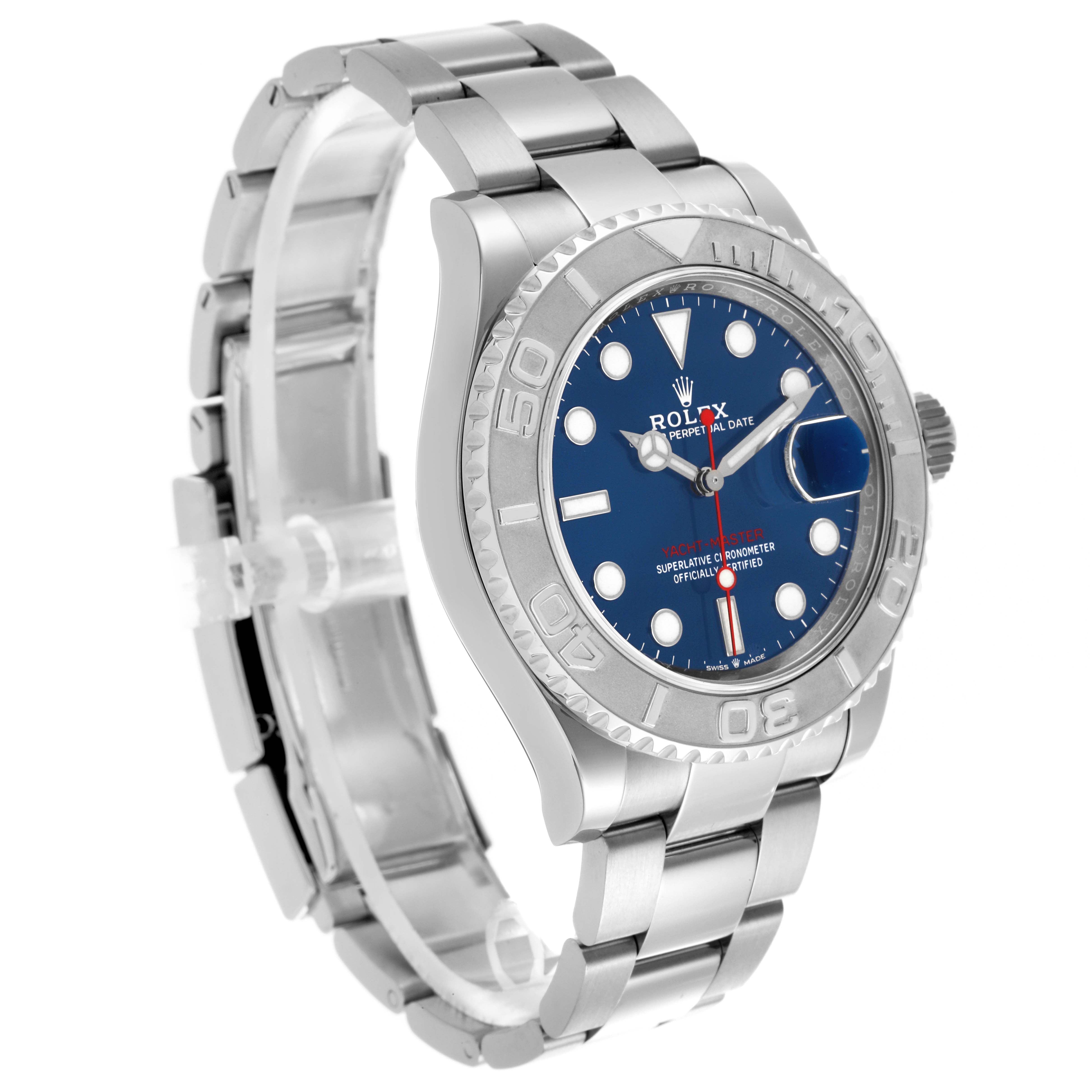 The Rolex Yacht-Master 126622 Men's Stainless Steel Blue Dial 126622 Men's Stainless Steel Blue Dial watch is shown at a three-quarter angle, highlighting the face, bezel, crown, and bracelet.