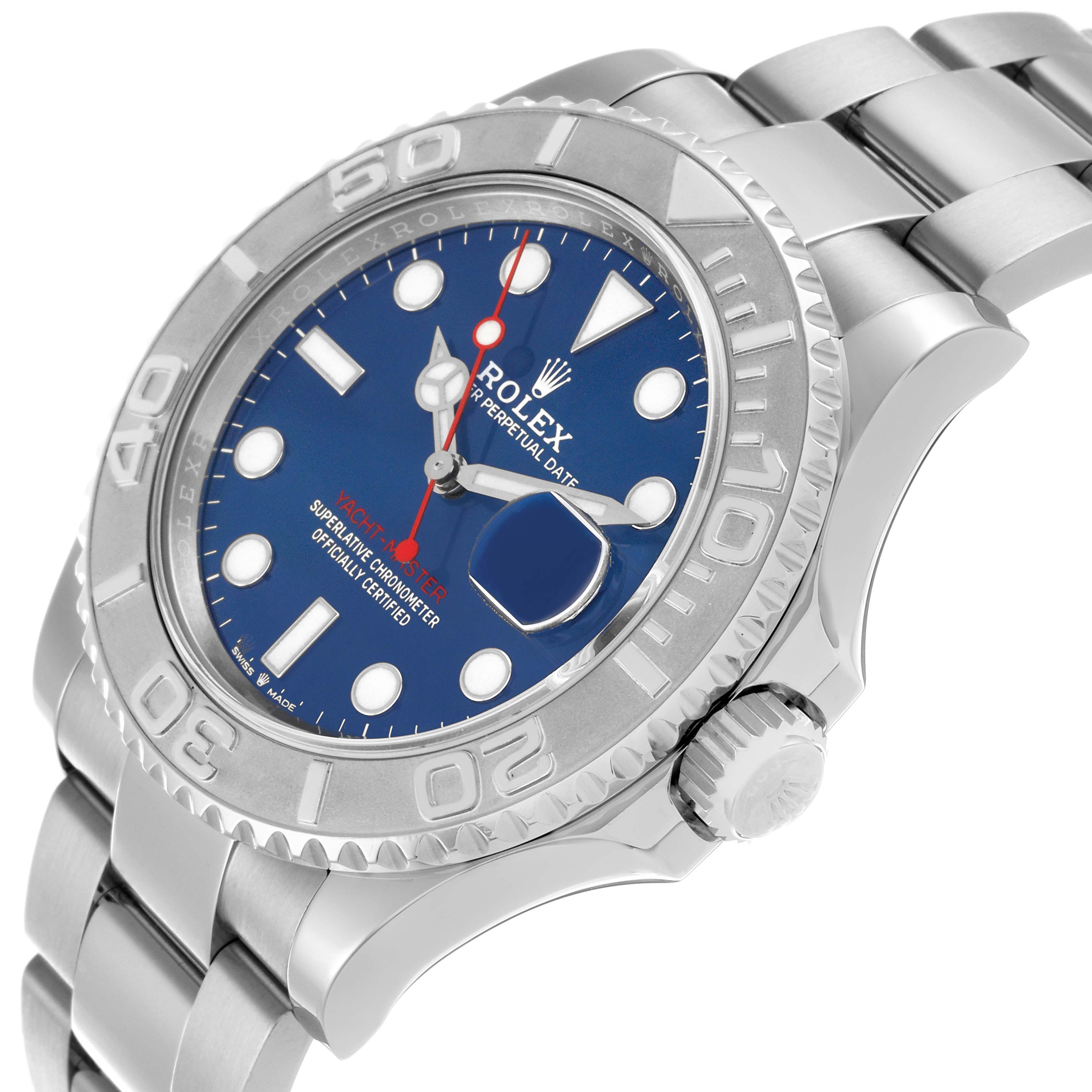 The Rolex Yacht-Master 126622 Men's Stainless Steel Blue Dial 126622 Men's Stainless Steel Blue Dial watch is angled to show the dial, bezel, and part of the bracelet.
