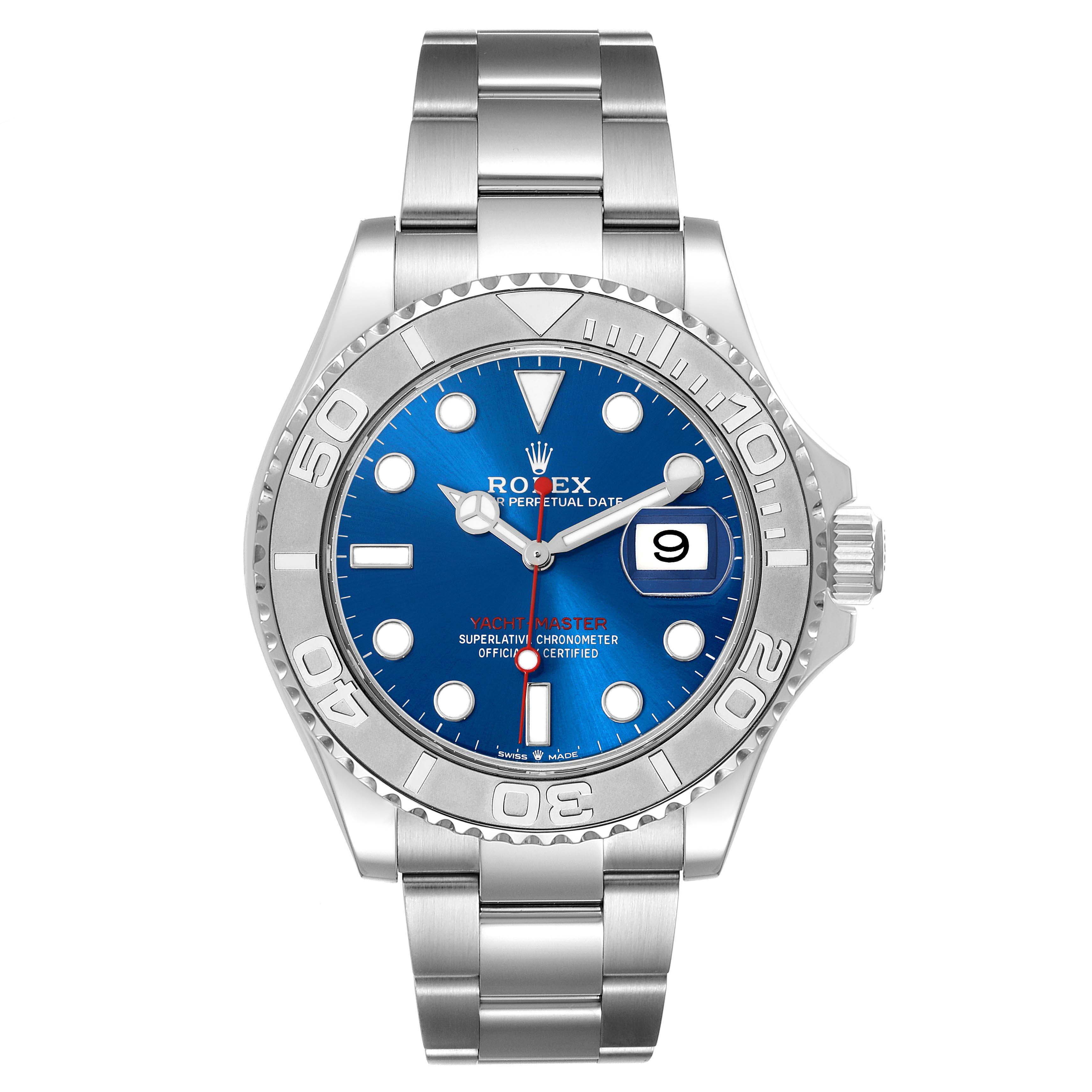 The Rolex Yacht-Master 126622 Men's Stainless Steel Blue Dial 126622 Men's Stainless Steel Blue Dial watch is shown from the front, displaying the dial, bezel, bracelet, and crown.