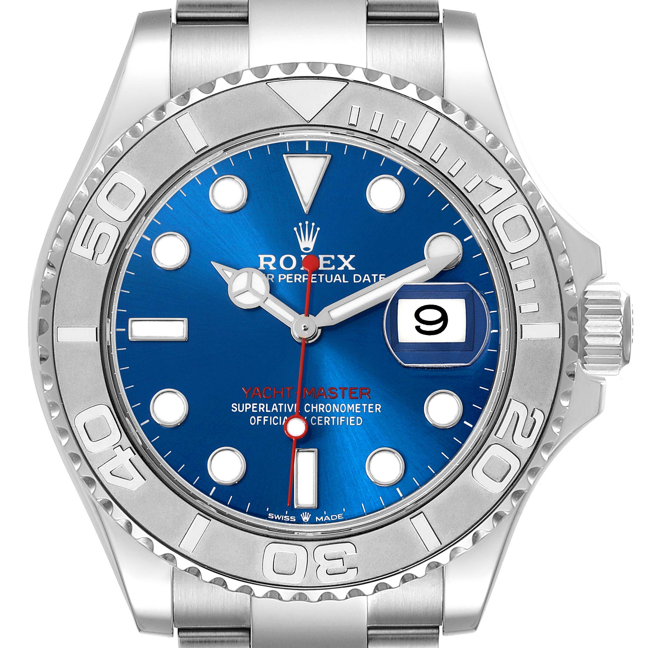 The Rolex Yacht-Master 126622 Men's Stainless Steel Blue Dial 126622 Men's Stainless Steel Blue Dial watch is shown from the front, displaying the dial, bezel, crown, and part of the bracelet.