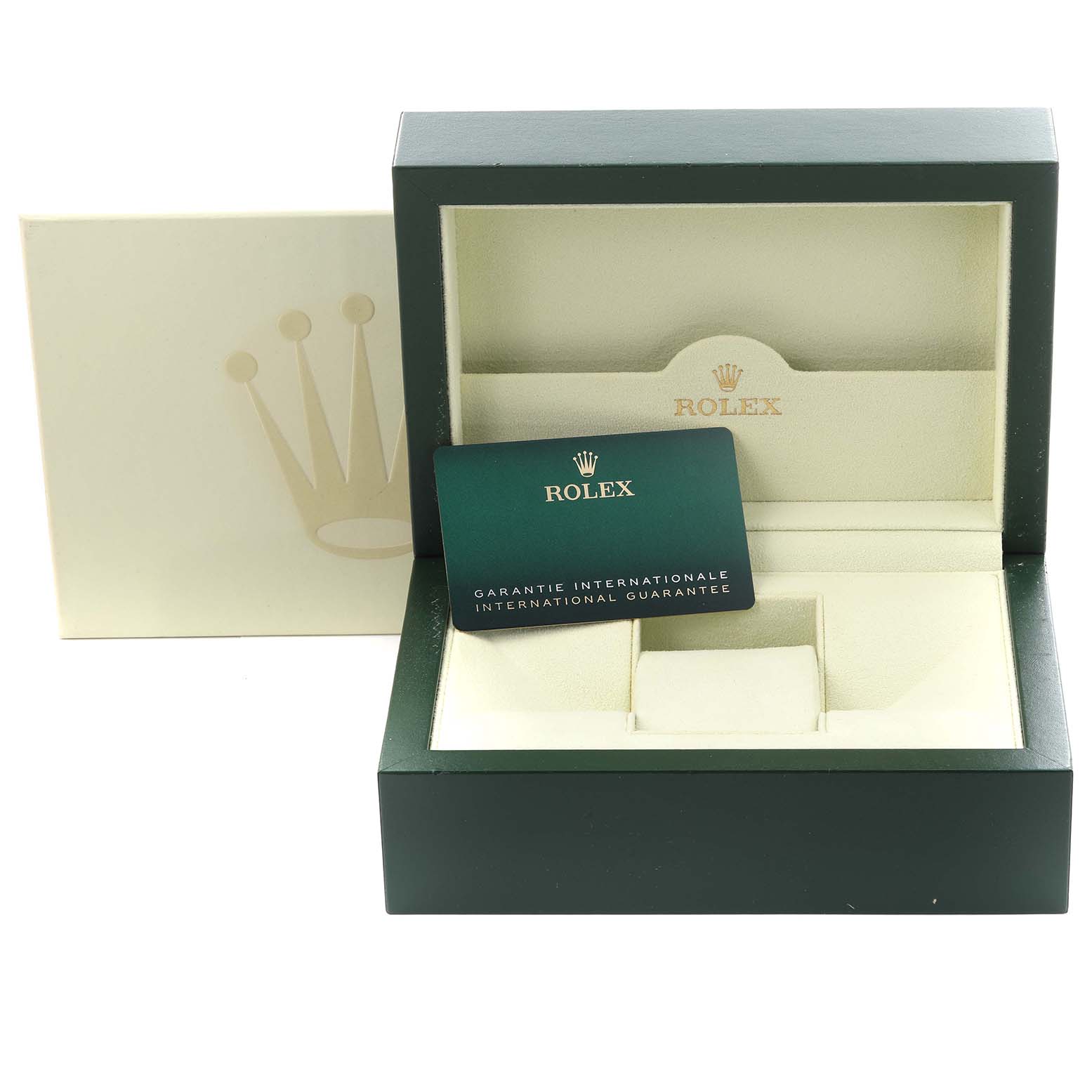 The image shows an open Rolex Yacht-Master 126622 Men's Stainless Steel Blue Dial 126622 Men's Stainless Steel Blue Dial watch box with a guarantee card.