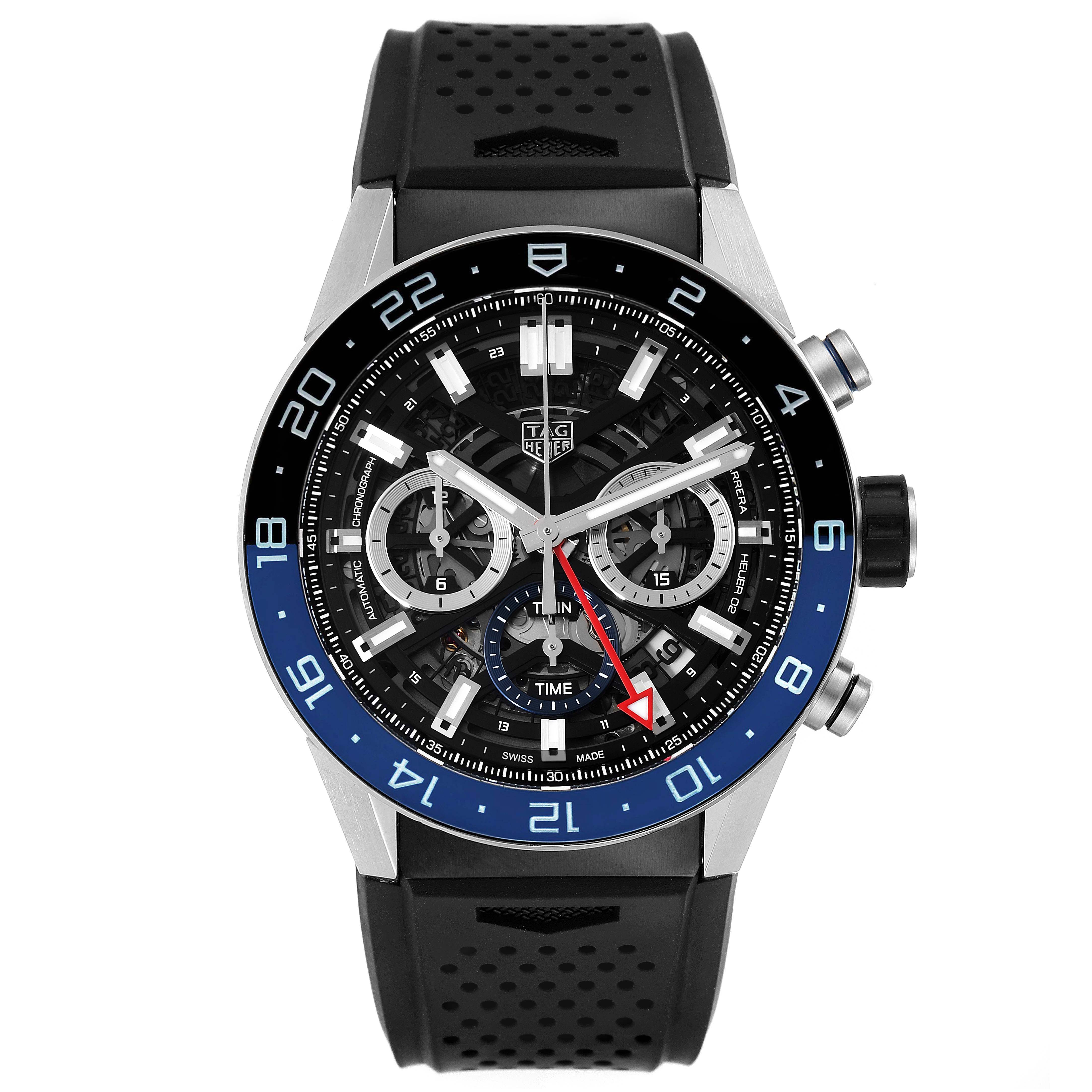 This image shows a front angle of the Tag Heuer Carrera CBG2A11.FC6460 Men
s Stainless Steel Blue Dial CBG2A11.FC6460 Men
s Stainless Steel Blue Dial watch, highlighting its dial, bezel, subdials, and strap.