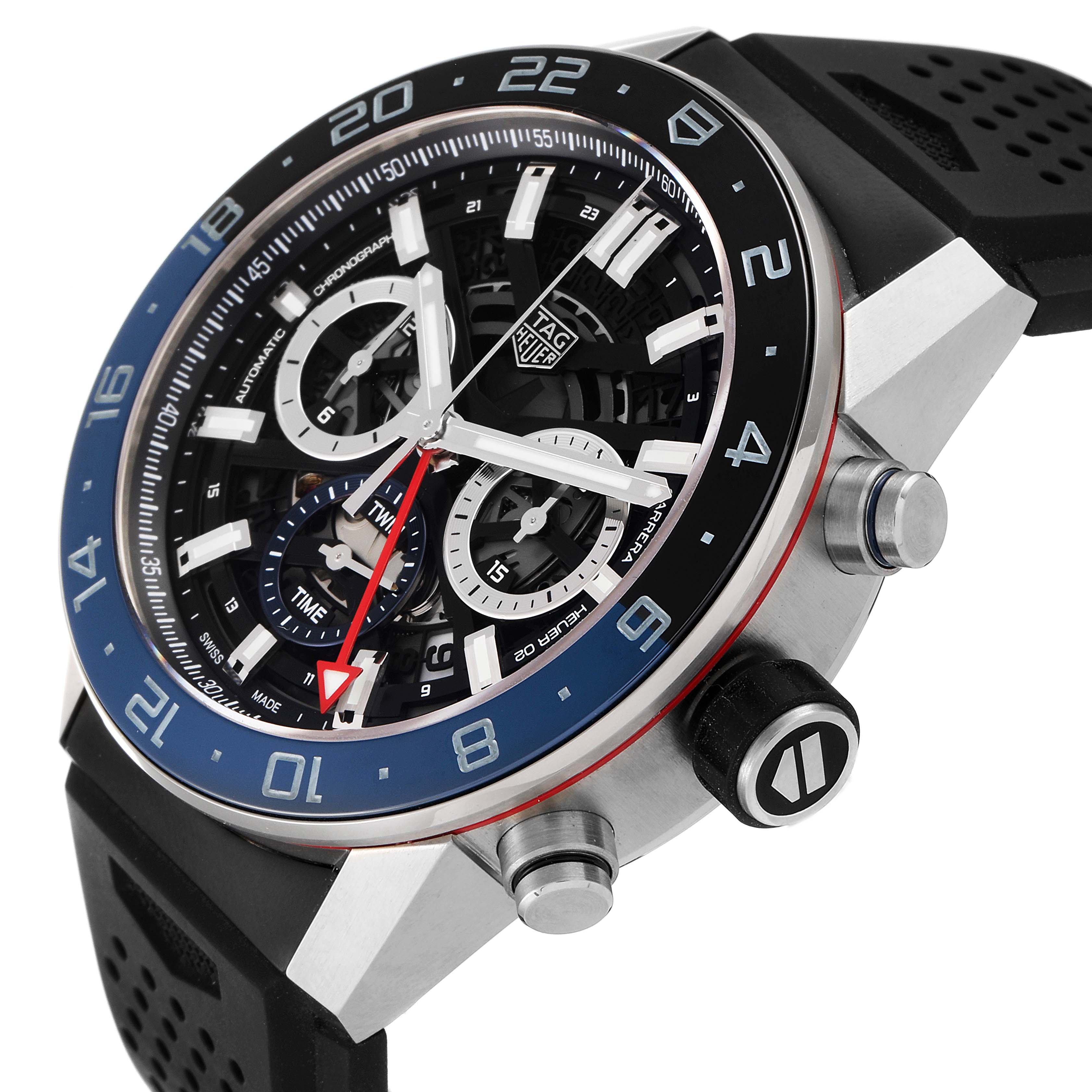 The image shows a close-up, angled view of the face and side buttons of the Tag Heuer Carrera CBG2A11.FC6460 Men
s Stainless Steel Blue Dial CBG2A11.FC6460 Men
s Stainless Steel Blue Dial watch.