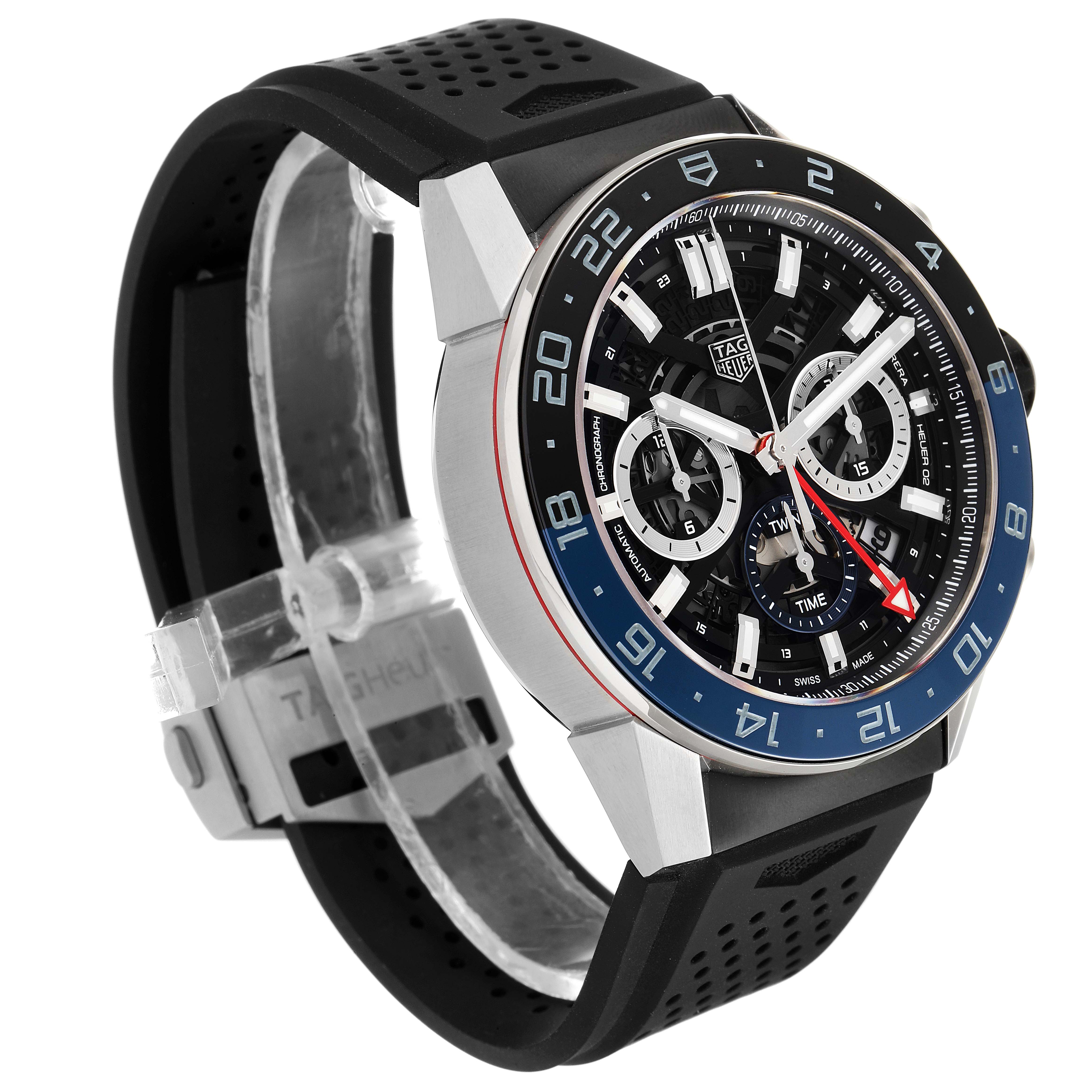 The Tag Heuer Carrera CBG2A11.FC6460 Men
s Stainless Steel Blue Dial CBG2A11.FC6460 Men
s Stainless Steel Blue Dial watch is shown at a slight angle, displaying its face with chronographs, bezel, and perforated black strap. 