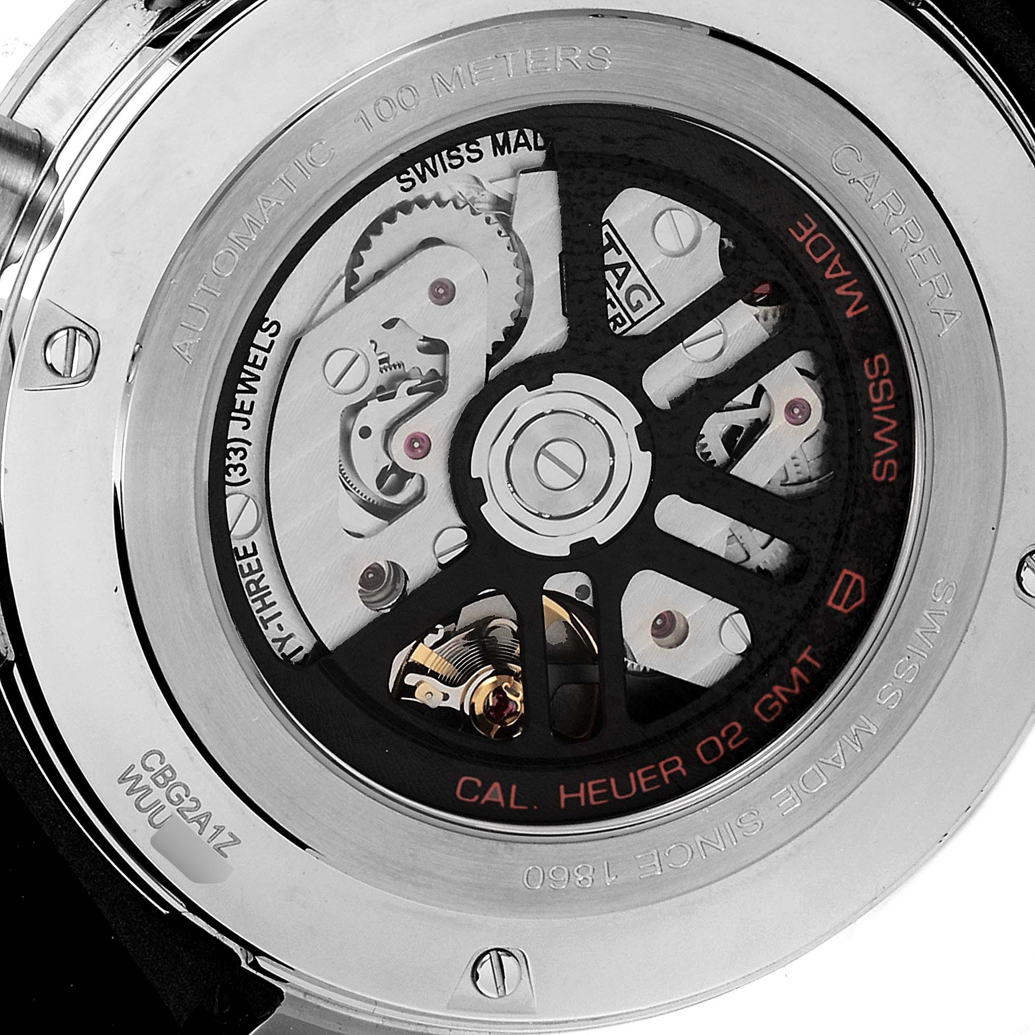 The image shows the back view of a Tag Heuer Carrera CBG2A11.FC6460 Men
s Stainless Steel Blue Dial CBG2A11.FC6460 Men
s Stainless Steel Blue Dial watch, highlighting its automatic movement and intricate mechanism.