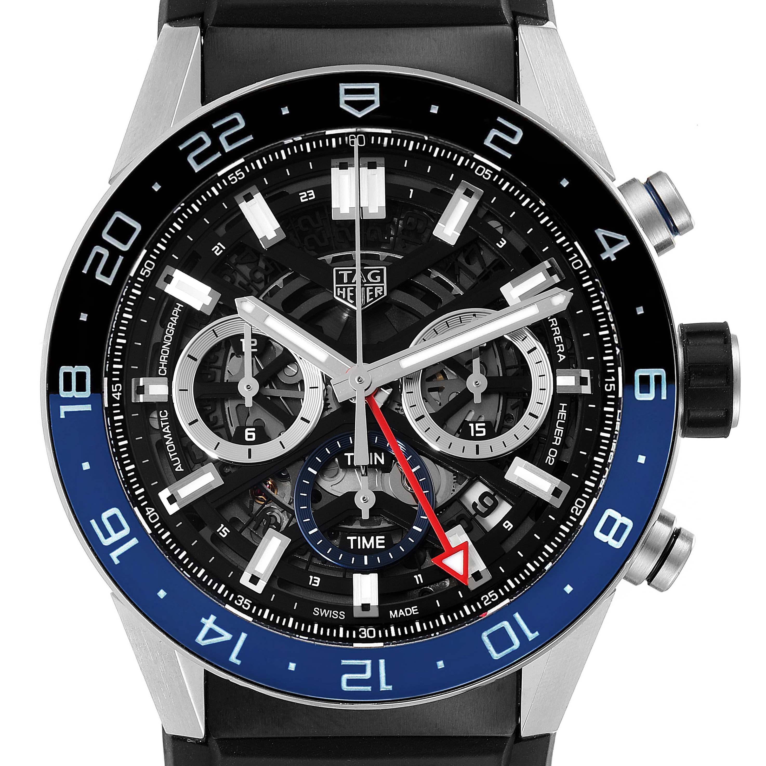 The image shows a close-up frontal view of the Tag Heuer Carrera CBG2A11.FC6460 Men
s Stainless Steel Blue Dial CBG2A11.FC6460 Men
s Stainless Steel Blue Dial model watch, highlighting its face, dials, and bezel.