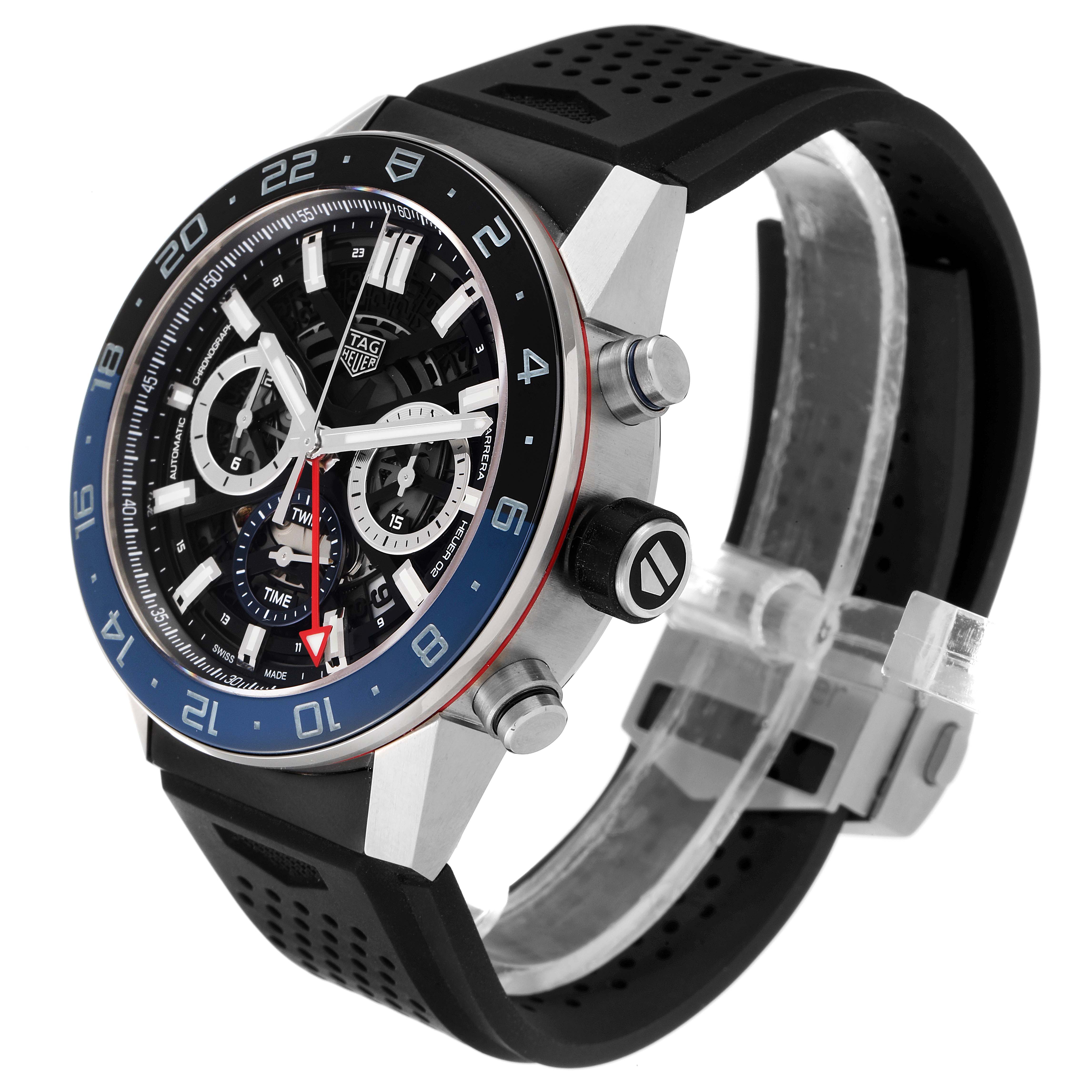 The image displays a side angle view of the Tag Heuer Carrera CBG2A11.FC6460 Men
s Stainless Steel Blue Dial CBG2A11.FC6460 Men
s Stainless Steel Blue Dial watch, highlighting its dials, crown, and strap.