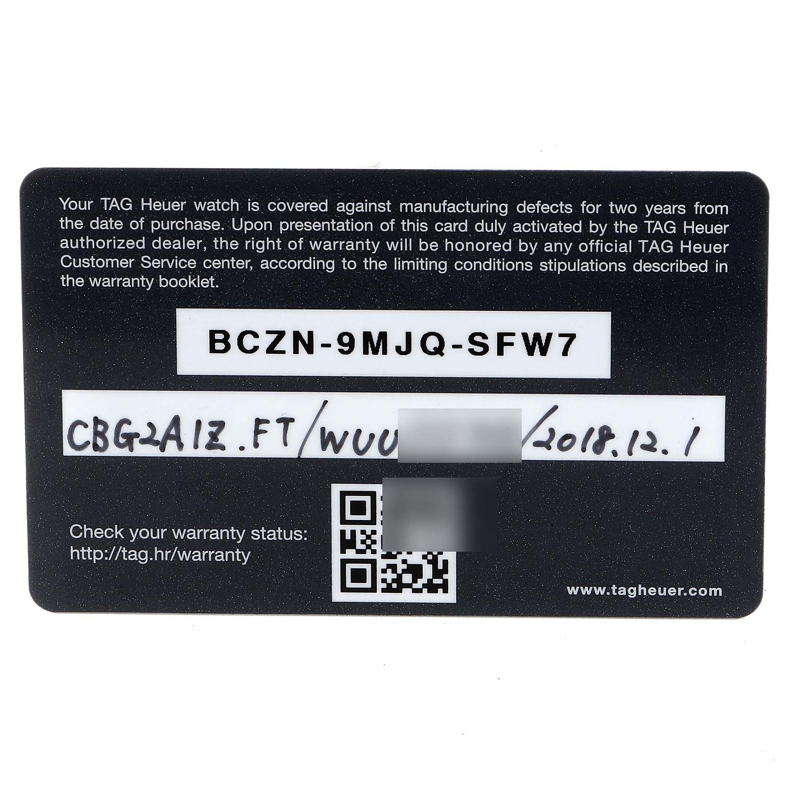 The image shows a warranty card for a Tag Heuer Carrera CBG2A11.FC6460 Men
s Stainless Steel Blue Dial CBG2A11.FC6460 Men
s Stainless Steel Blue Dial model watch.