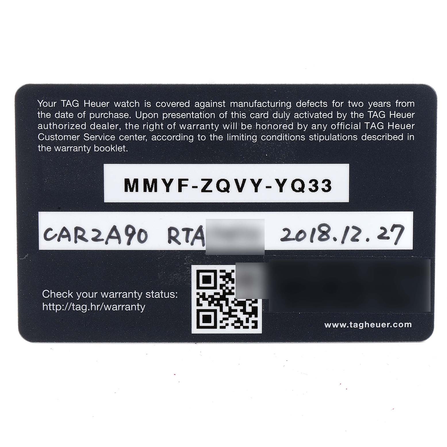 This is a Tag Heuer Carrera CAR2A90.FT6071 Men's Ceramic Black Dial CAR2A90.FT6071 Men's Ceramic Black Dial model warranty card viewed from the front.