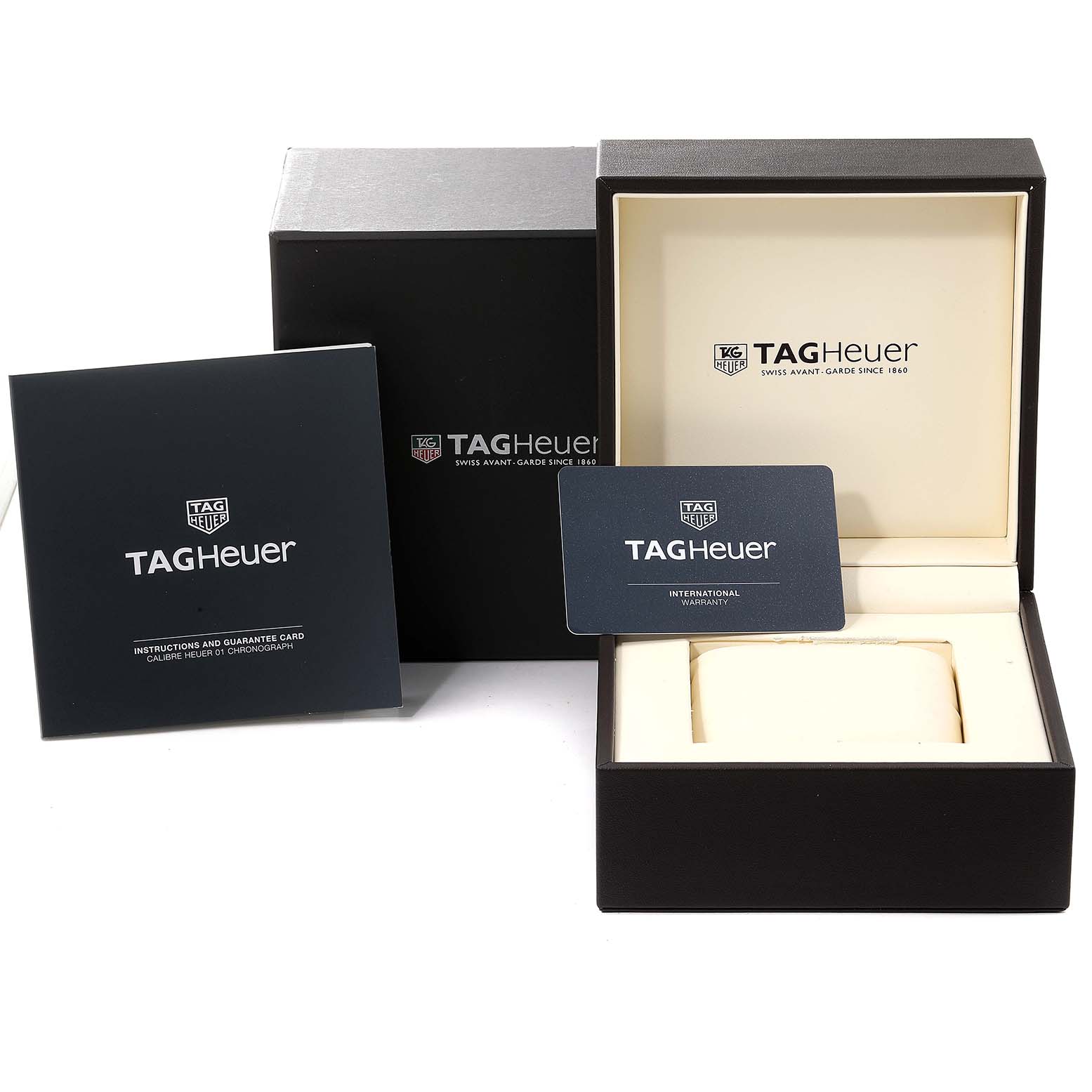 The image shows the Tag Heuer Carrera CAR2A90.FT6071 Men's Ceramic Black Dial CAR2A90.FT6071 Men's Ceramic Black Dial watch box, warranty card, and instruction manual from a front angle.