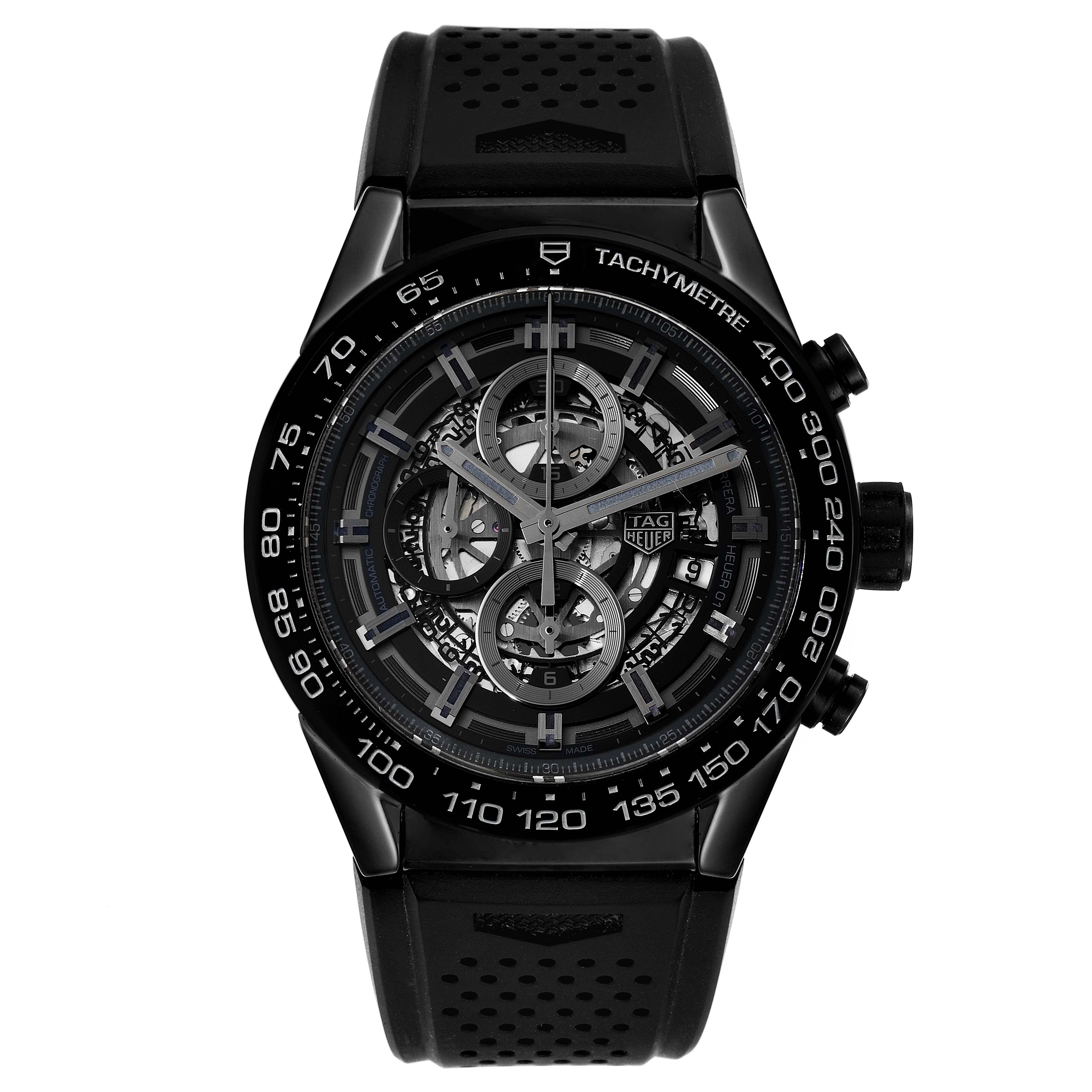 The image shows a front view of a Tag Heuer Carrera CAR2A90.FT6071 Men's Ceramic Black Dial CAR2A90.FT6071 Men's Ceramic Black Dial watch with a skeleton dial and black rubber strap.