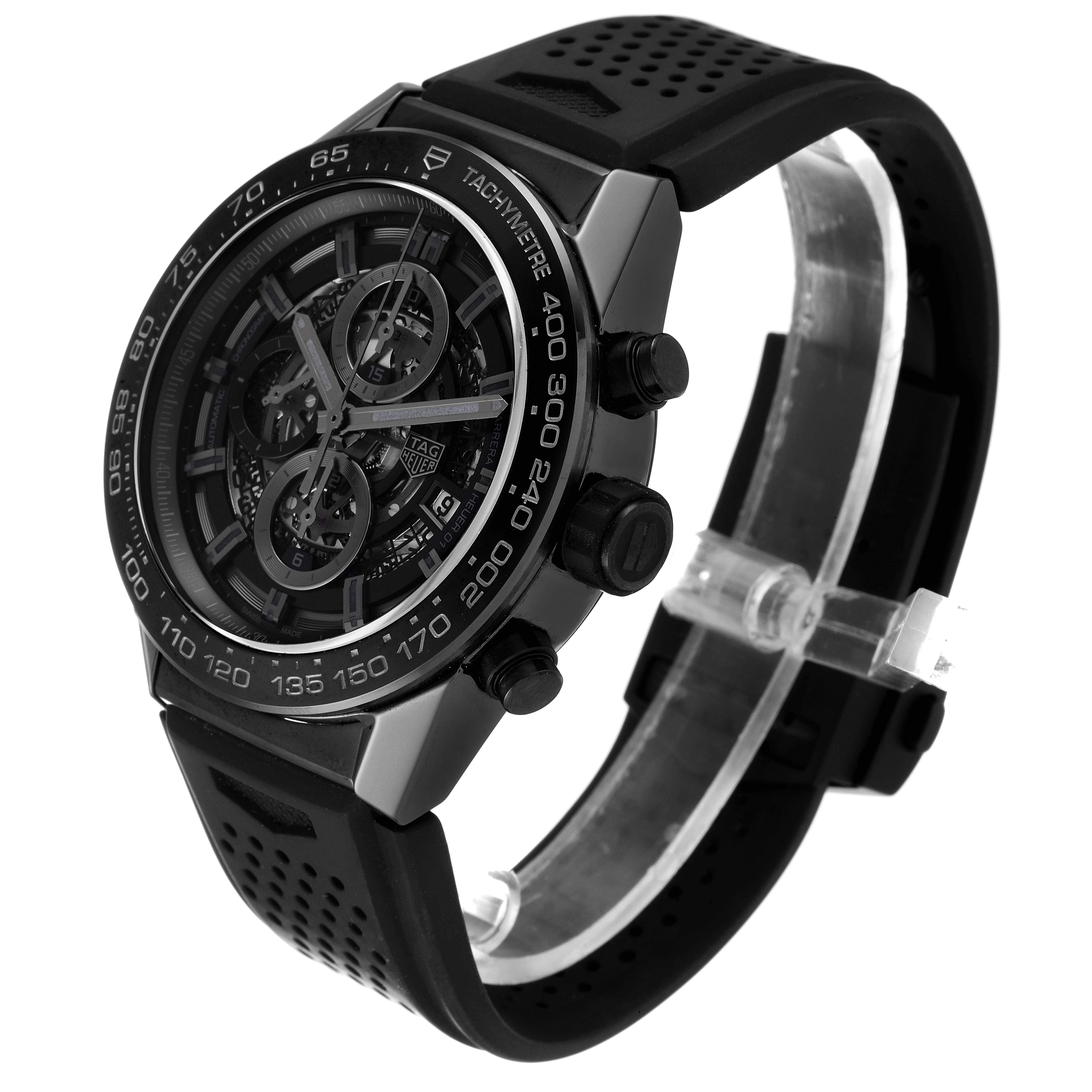 The image shows a side angle of the Tag Heuer Carrera CAR2A90.FT6071 Men's Ceramic Black Dial CAR2A90.FT6071 Men's Ceramic Black Dial watch, highlighting the face, bezel, and strap.