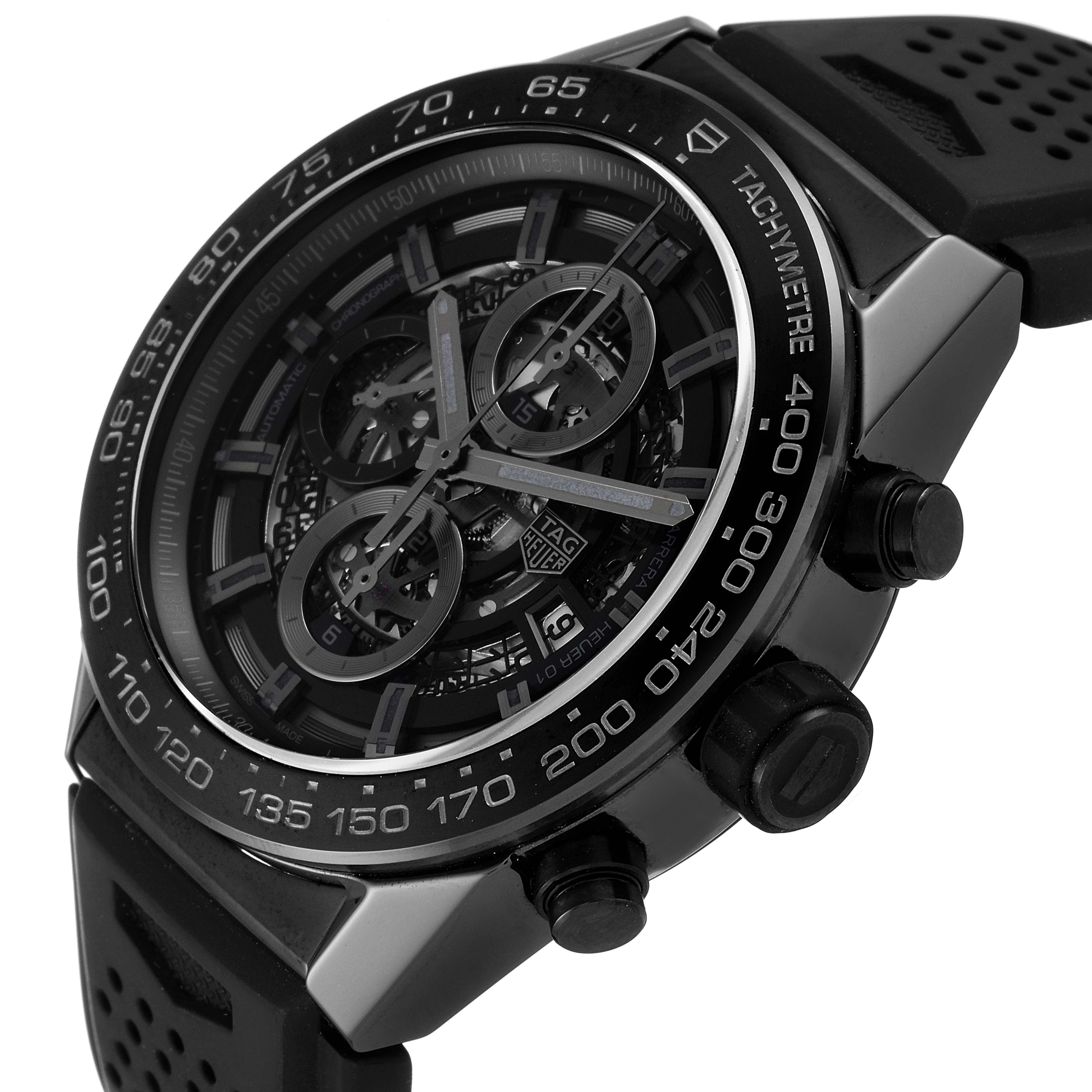 The image shows a close-up side angle of the Tag Heuer Carrera CAR2A90.FT6071 Men's Ceramic Black Dial CAR2A90.FT6071 Men's Ceramic Black Dial watch, highlighting the dial, bezel, and pushers.