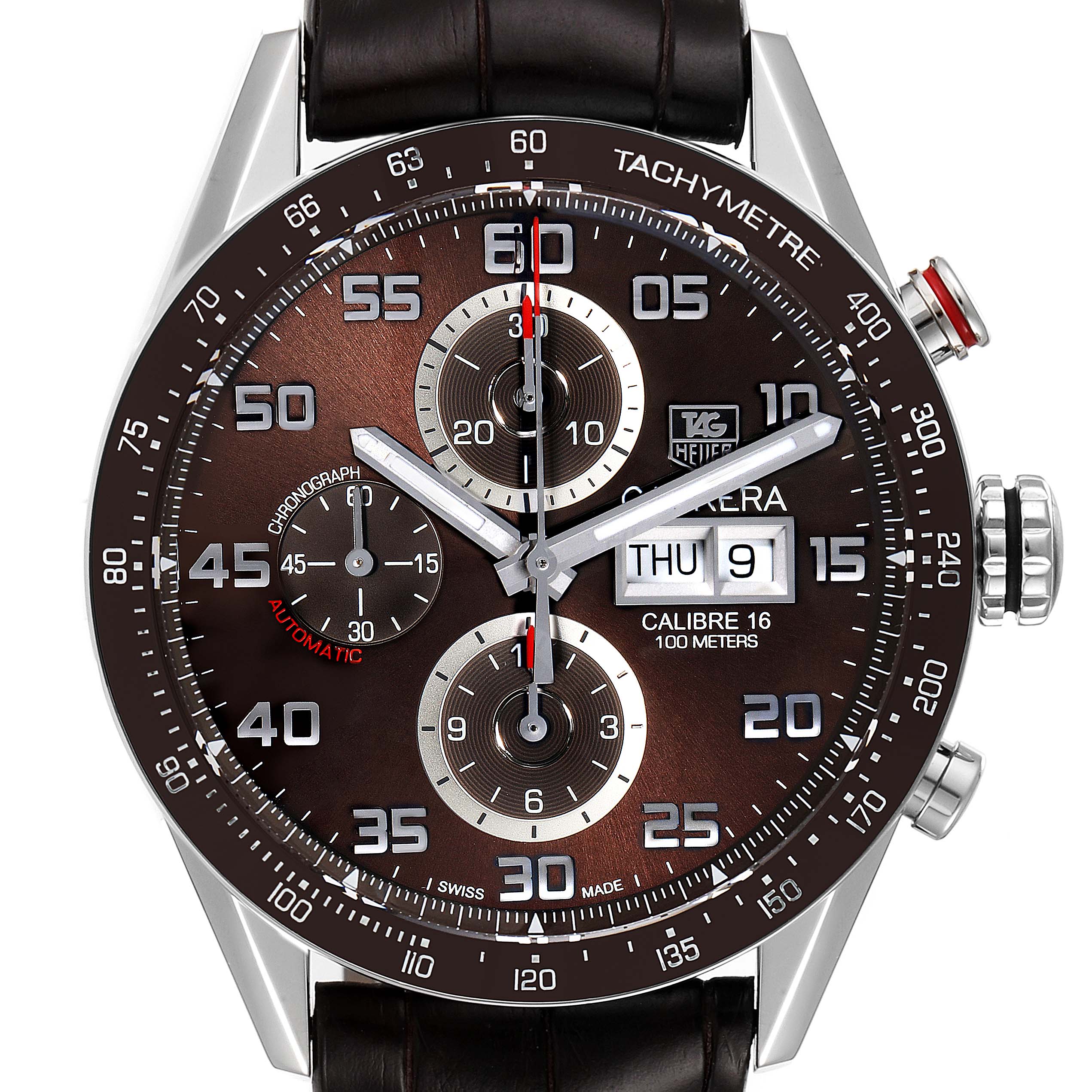 The image shows a front view of the Carrera model by Tag Heuer, displaying the dial, bezel, tachymeter, and sub-dials.