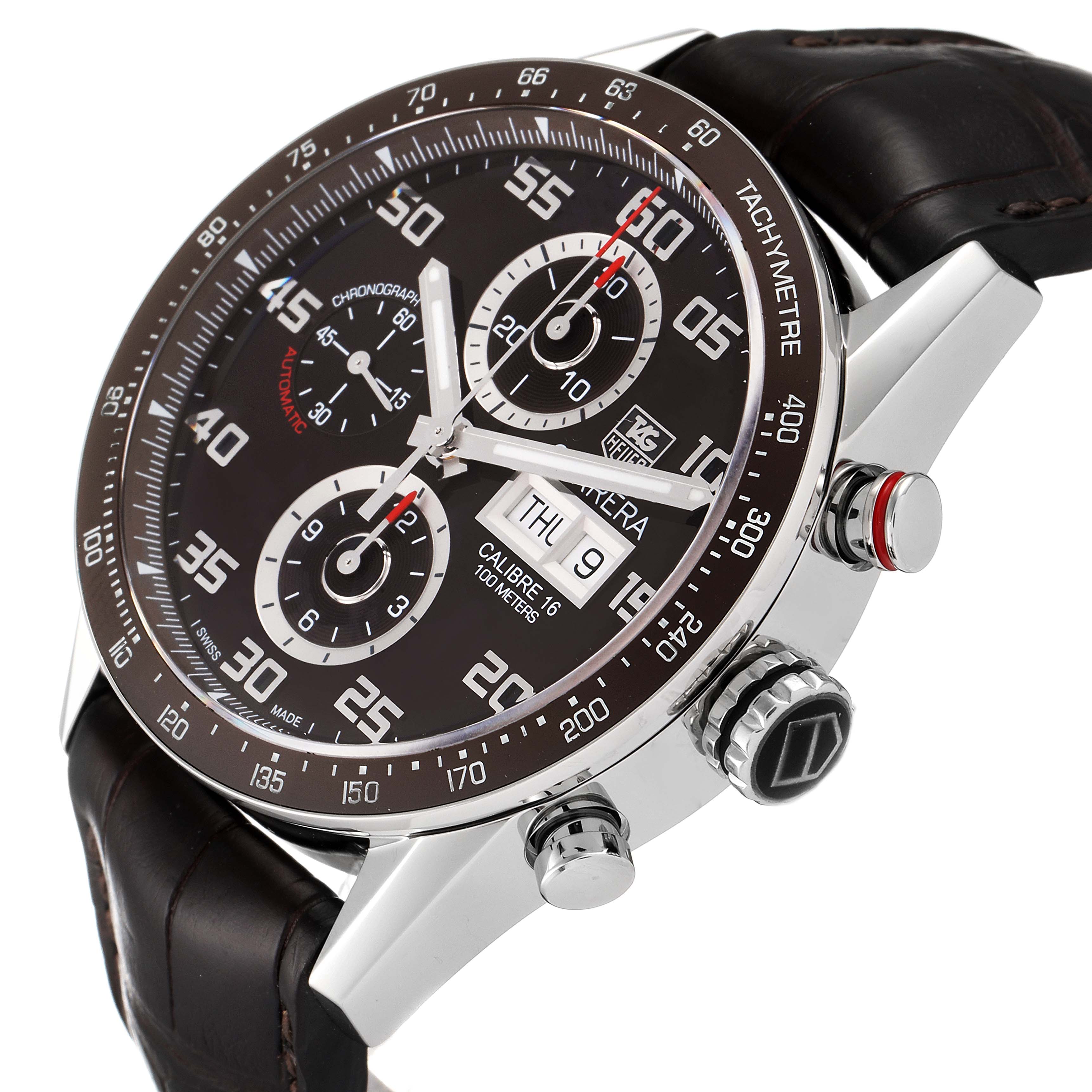 The image shows the Tag Heuer Carrera CV2A1S.FC6236 Men's Stainless Steel Brown Dial CV2A1S.FC6236 Men's Stainless Steel Brown Dial watch at an angle, highlighting the dial, chronograph functions, and side buttons.