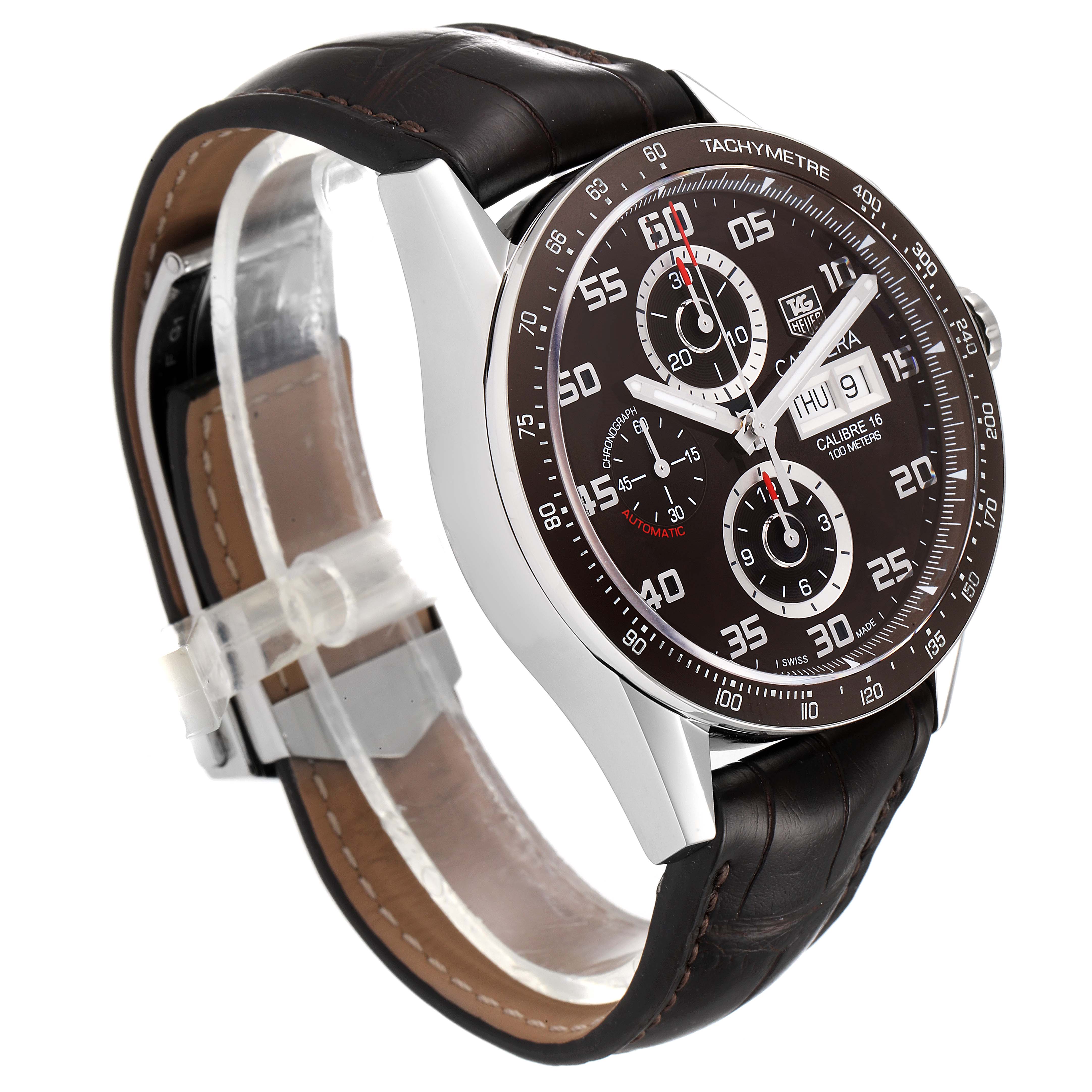 The image shows a Tag Heuer Carrera CV2A1S.FC6236 Men's Stainless Steel Brown Dial CV2A1S.FC6236 Men's Stainless Steel Brown Dial watch at an oblique angle, highlighting the face, bezel, and partially the leather strap.