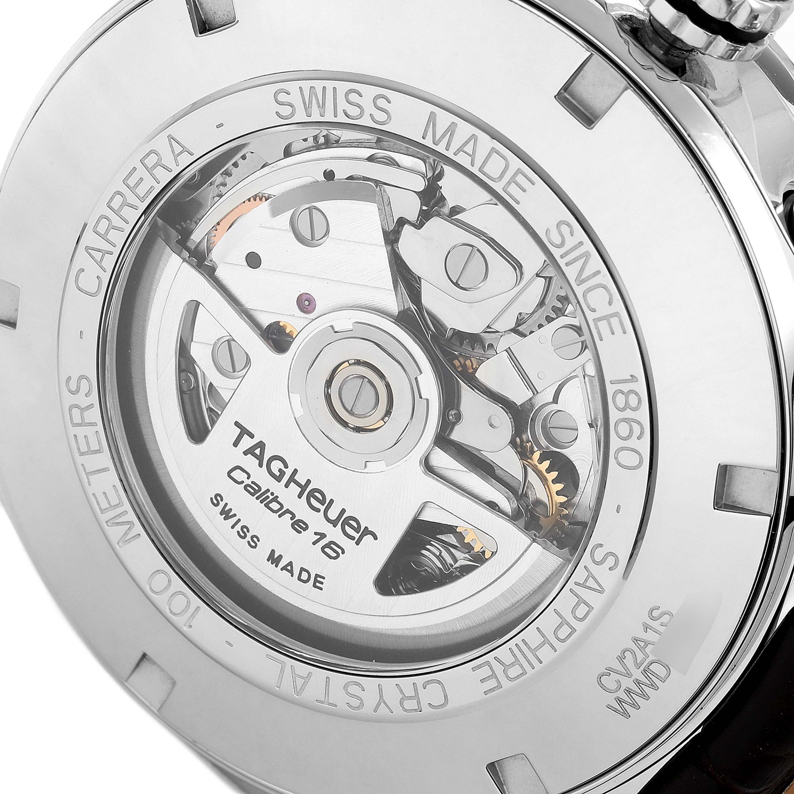 The image shows the back of a Tag Heuer Carrera CV2A1S.FC6236 Men's Stainless Steel Brown Dial CV2A1S.FC6236 Men's Stainless Steel Brown Dial watch, focusing on the Calibre 16 Swiss-made movement visible through the sapphire crystal.