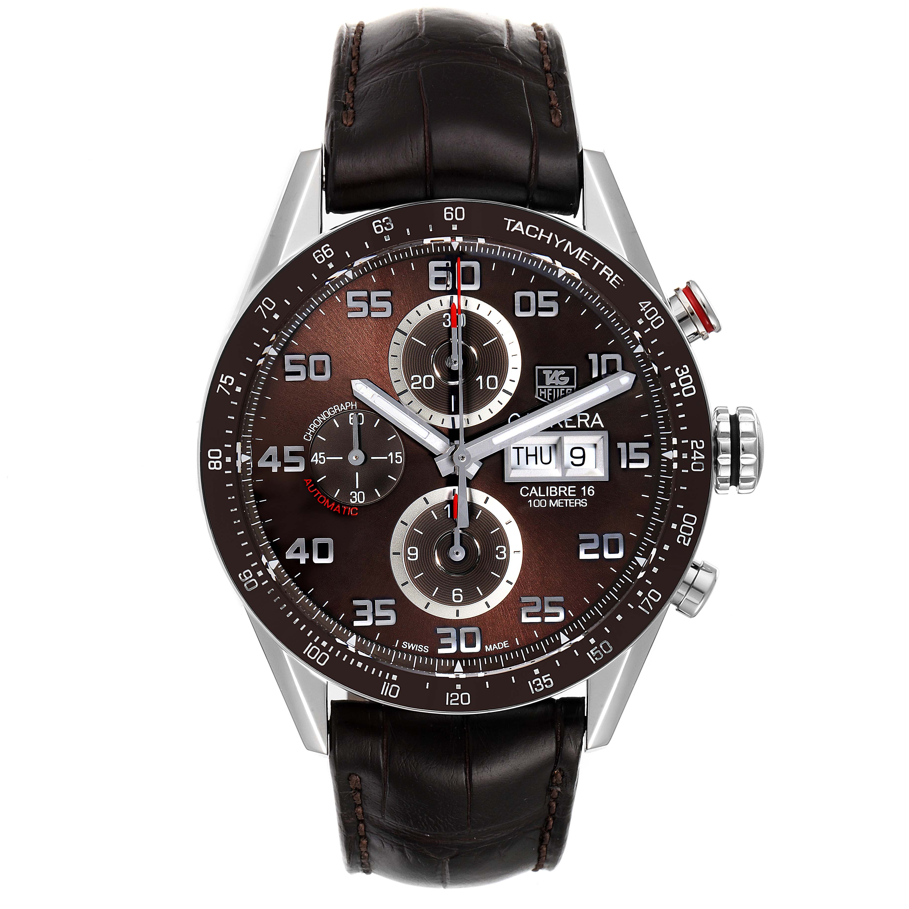 The image shows a front view of the Tag Heuer Carrera CV2A1S.FC6236 Men's Stainless Steel Brown Dial CV2A1S.FC6236 Men's Stainless Steel Brown Dial watch, highlighting its dial, subdials, and leather strap.