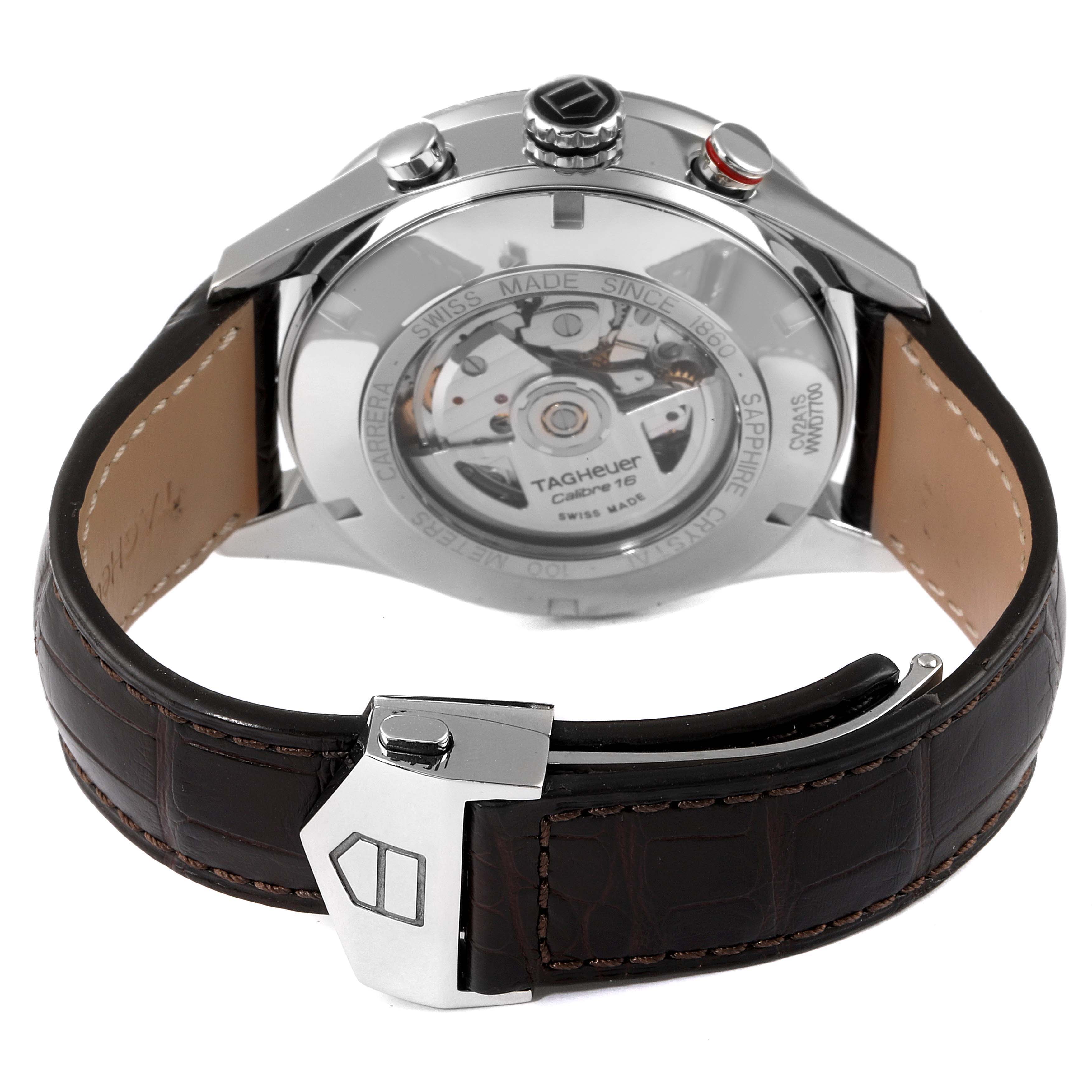 This image shows the back view of a Tag Heuer Carrera CV2A1S.FC6236 Men's Stainless Steel Brown Dial CV2A1S.FC6236 Men's Stainless Steel Brown Dial watch, highlighting the case back, movement, and leather strap with clasp.