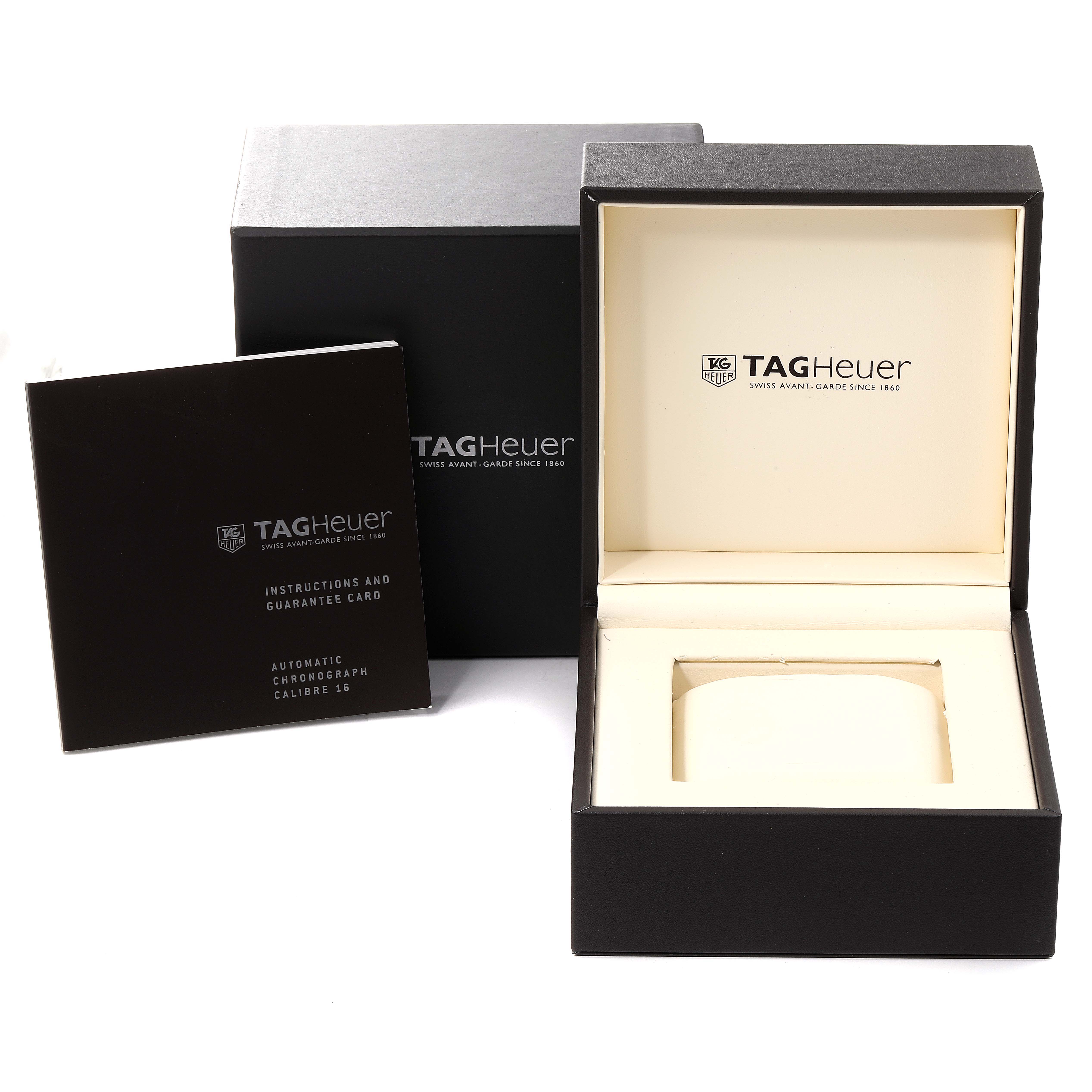 The image shows the Tag Heuer Carrera CV2A1S.FC6236 Men's Stainless Steel Brown Dial CV2A1S.FC6236 Men's Stainless Steel Brown Dial watch's open box, outer box, and an instruction manual with a guarantee card.