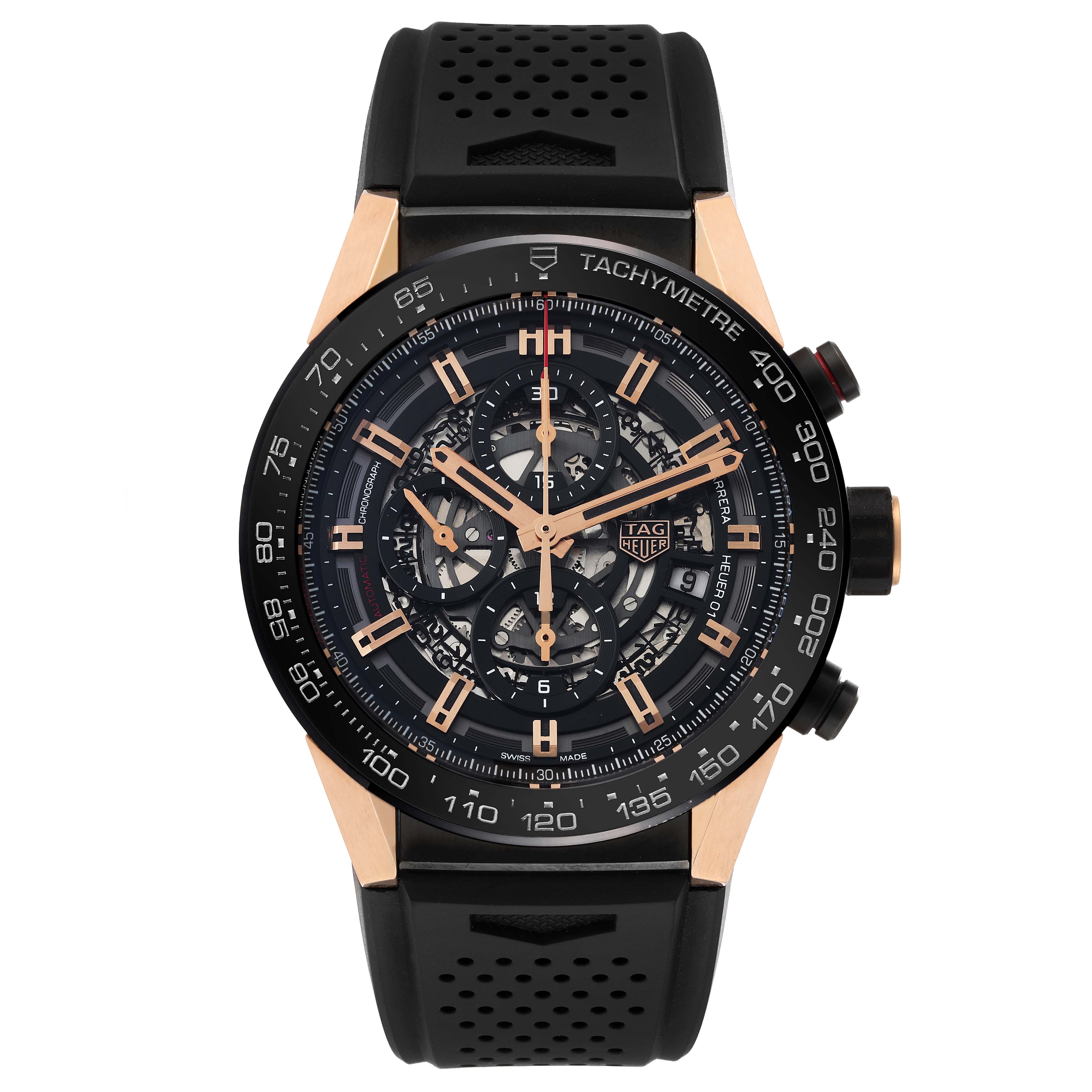 The image shows a front view of a Tag Heuer Carrera CAR2A5A Men's Titanium Transparent Dial CAR2A5A Men's Titanium Transparent Dial watch, highlighting its dial, hands, bezel, and strap.