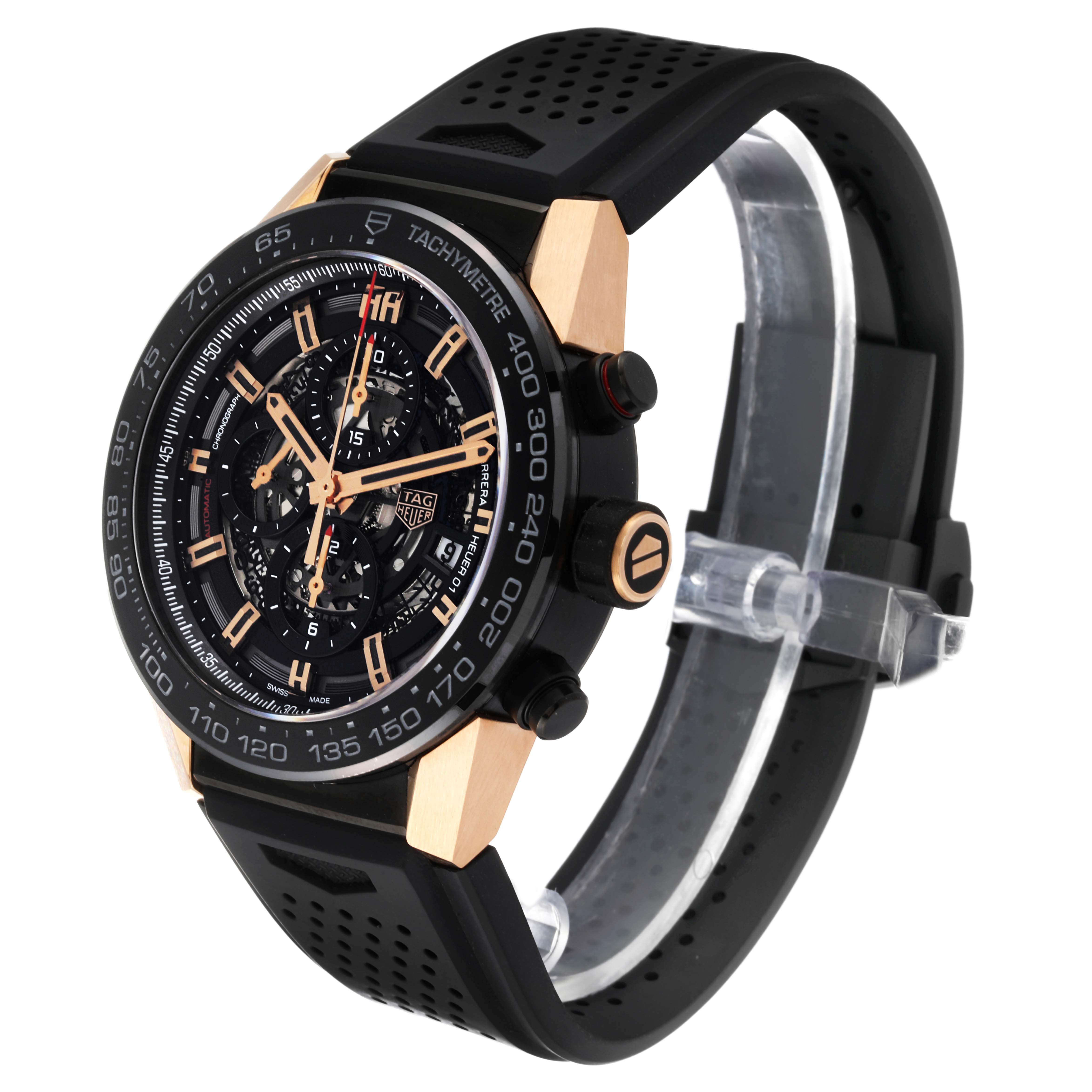 This Tag Heuer Carrera CAR2A5A Men's Titanium Transparent Dial CAR2A5A Men's Titanium Transparent Dial model watch is shown at a three-quarter angle, displaying its face and part of its black strap.