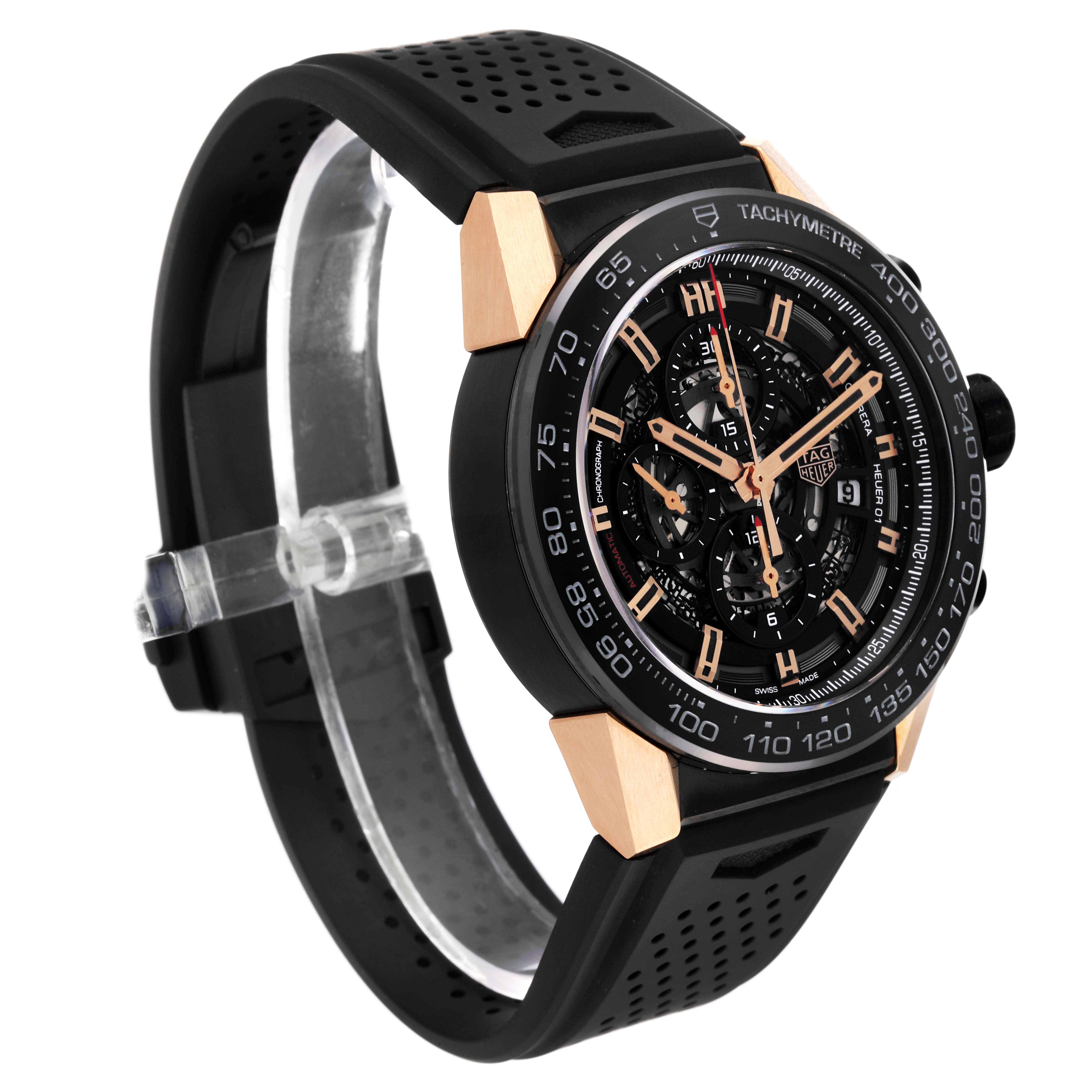 The image shows a Tag Heuer Carrera CAR2A5A Men's Titanium Transparent Dial CAR2A5A Men's Titanium Transparent Dial watch at a three-quarter angle, highlighting the dial, bezel, and wrist strap.