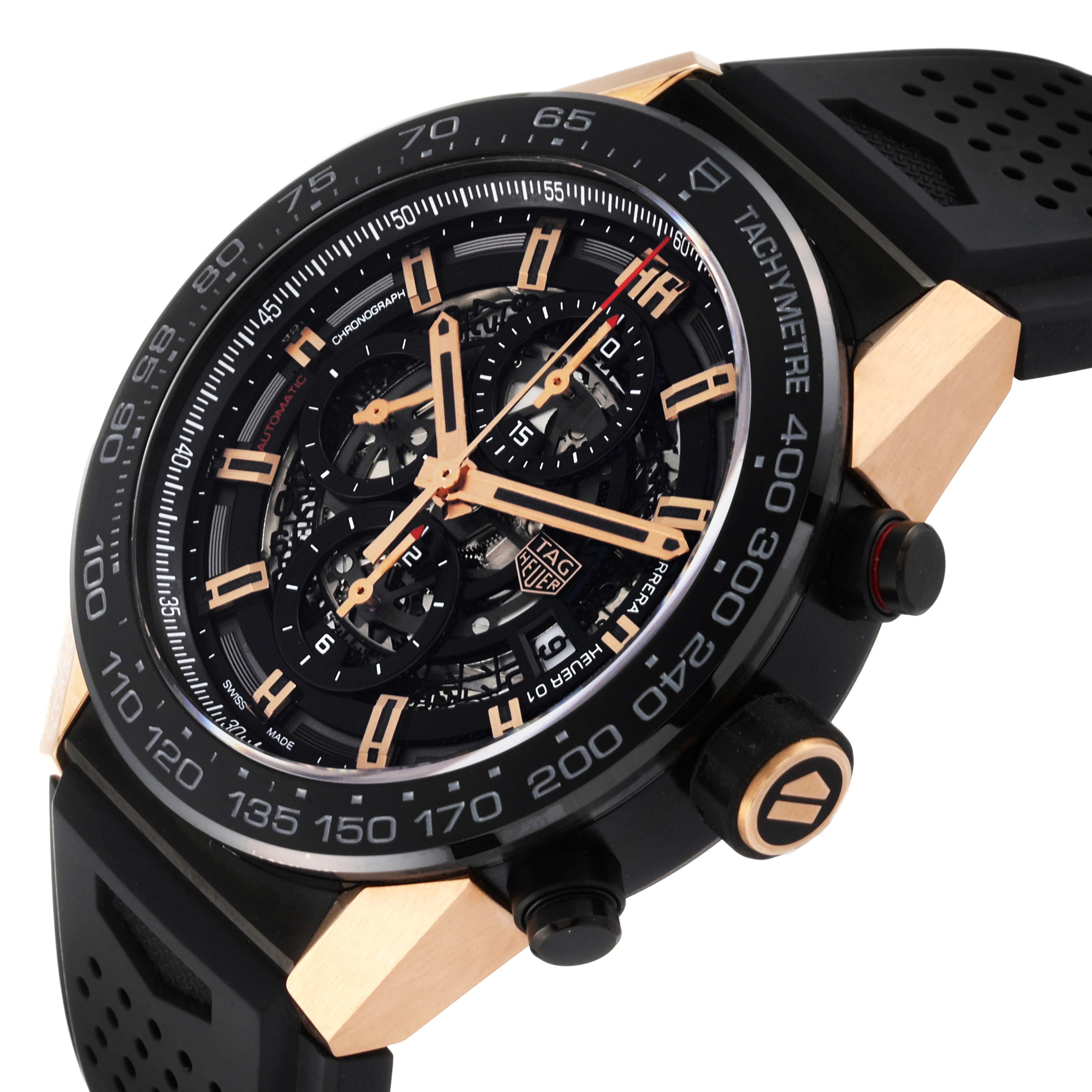 The image shows a close-up angle of a Tag Heuer Carrera CAR2A5A Men's Titanium Transparent Dial CAR2A5A Men's Titanium Transparent Dial watch displaying its black tachymeter bezel, skeleton dial, and rose gold accents.